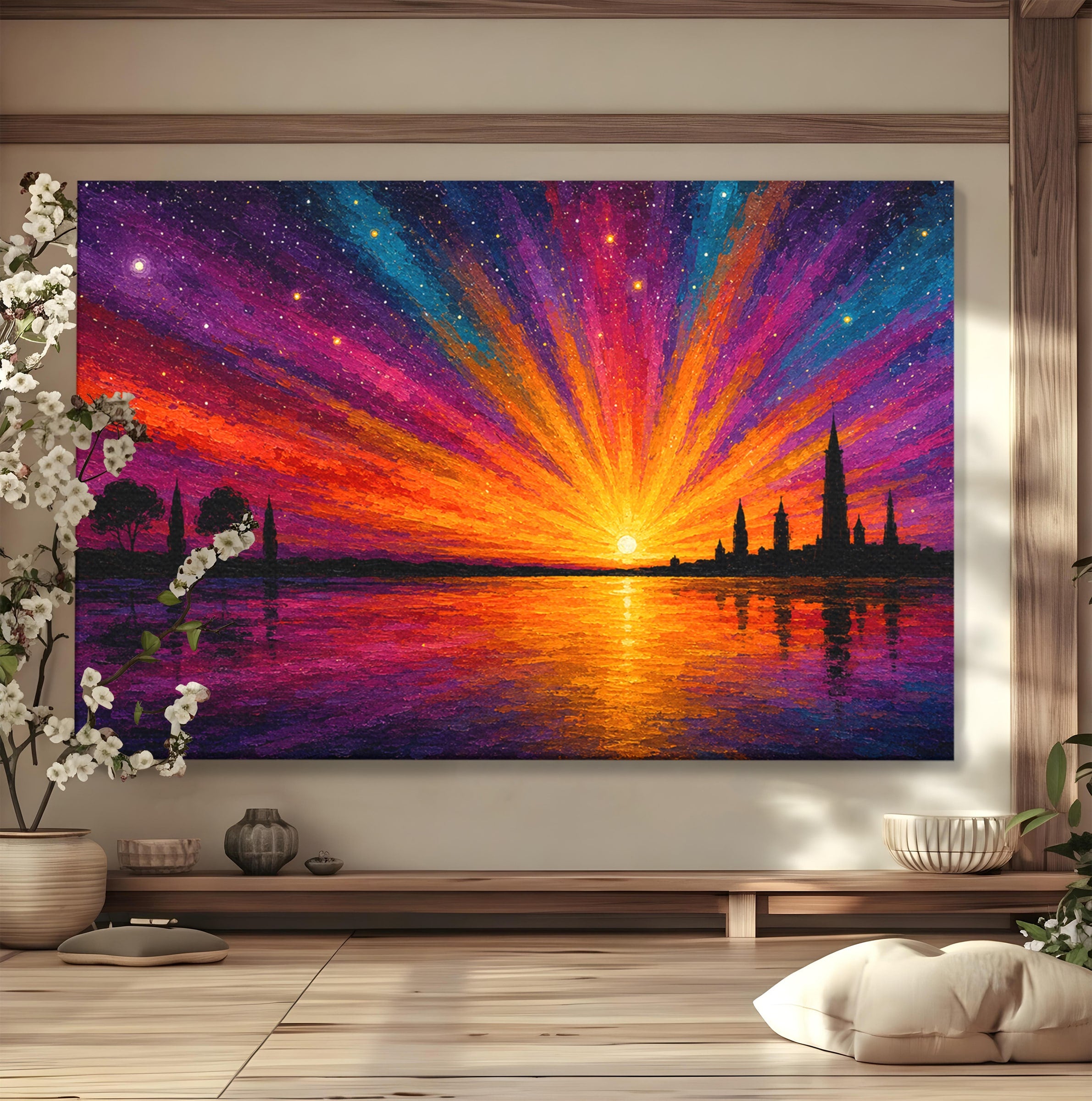 Tablou Canvas Premium LuxCanva® A1699, Apus Urban Pe Lac, Apus, Oras, Lac, Living, Peisaj, Culori Vibrante