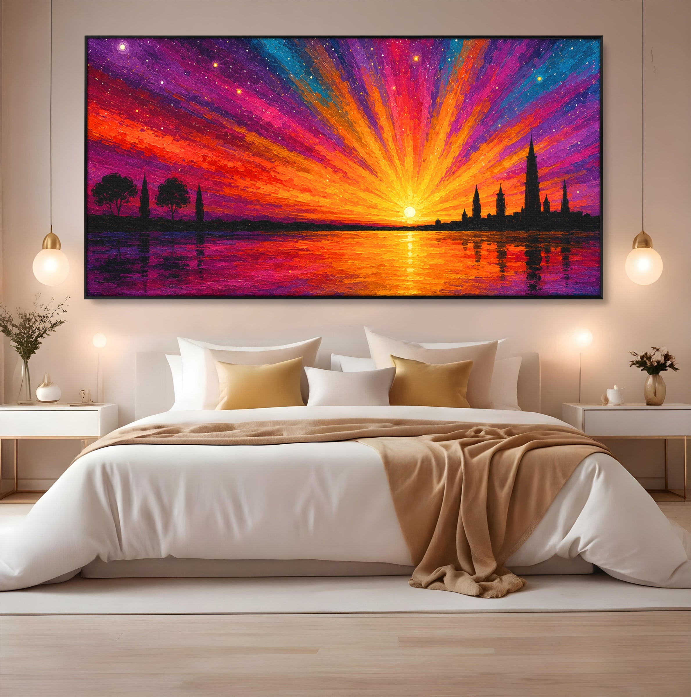 Tablou Canvas Premium LuxCanva® A1699, Apus Urban Pe Lac, Apus, Oras, Lac, Living, Peisaj, Culori Vibrante