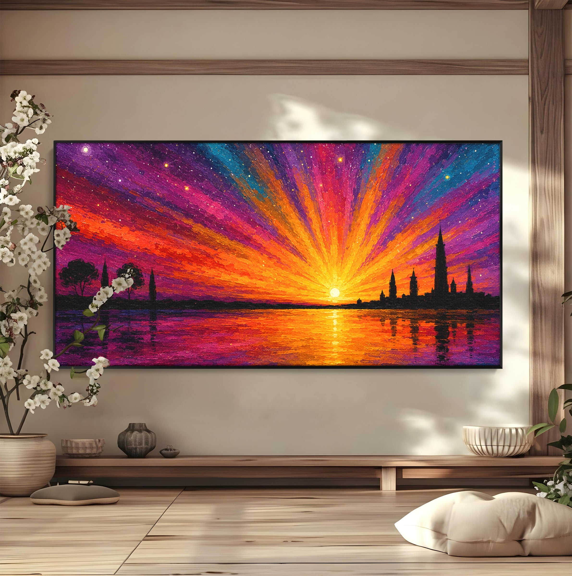 Tablou Canvas Premium LuxCanva® A1699, Apus Urban Pe Lac, Apus, Oras, Lac, Living, Peisaj, Culori Vibrante