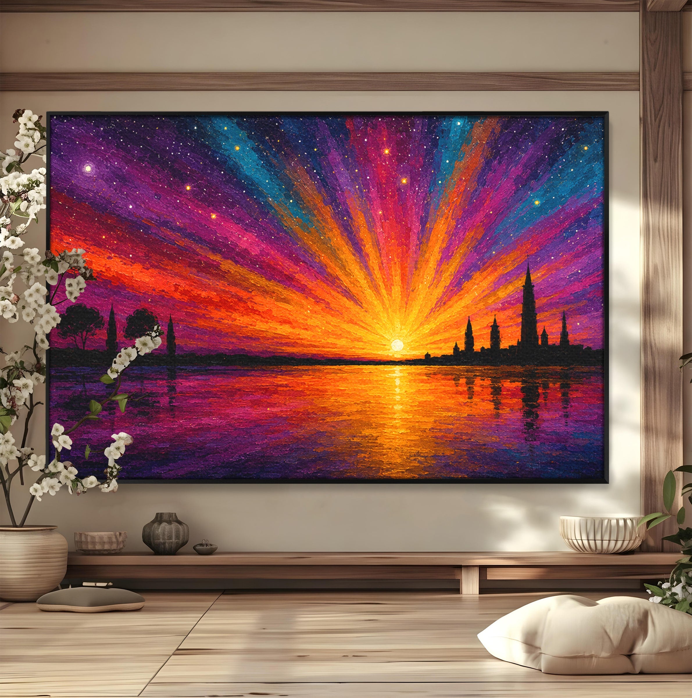 Tablou Canvas Premium LuxCanva® A1699, Apus Urban Pe Lac, Apus, Oras, Lac, Living, Peisaj, Culori Vibrante