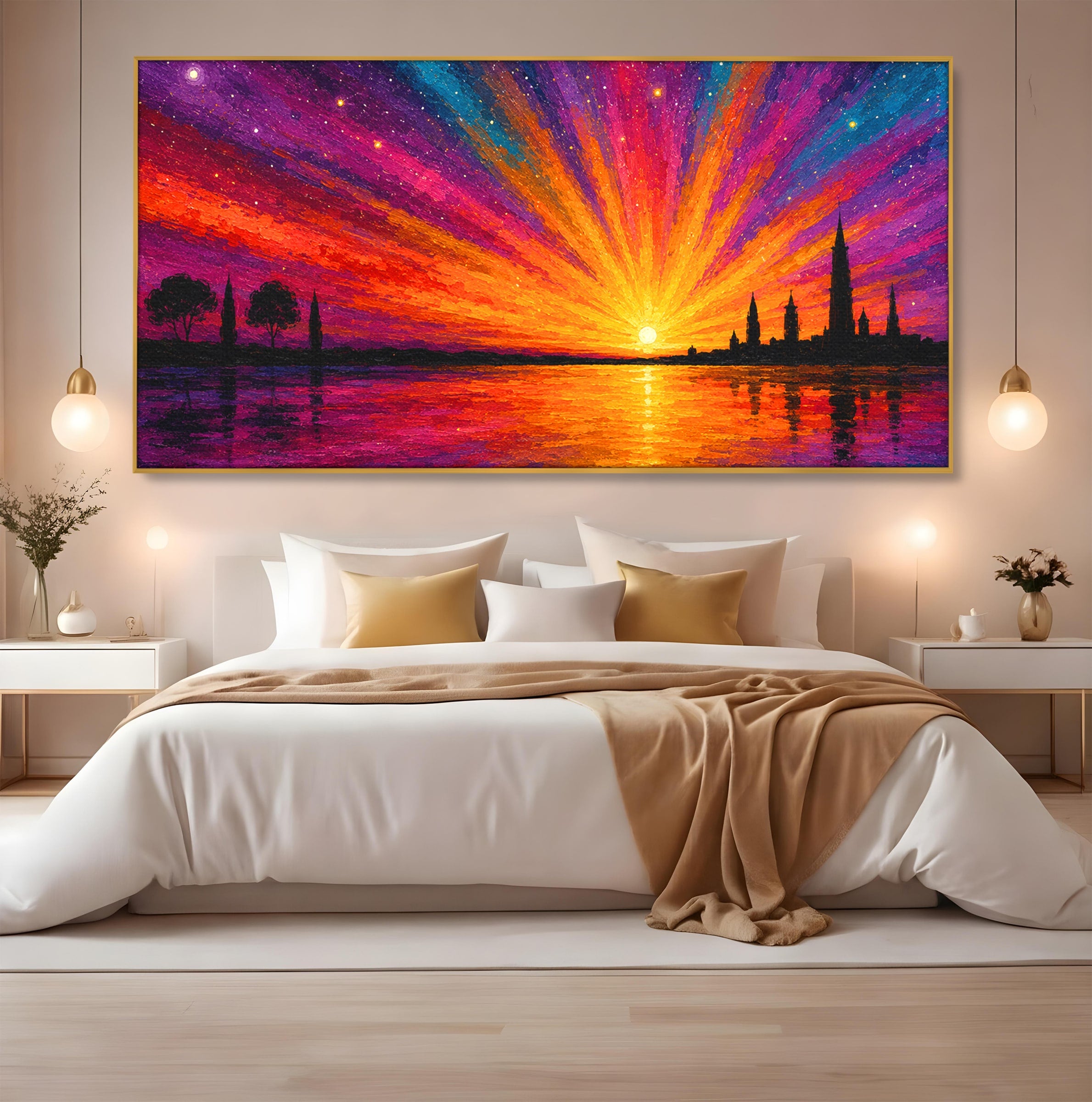 Tablou Canvas Premium LuxCanva® A1699, Apus Urban Pe Lac, Apus, Oras, Lac, Living, Peisaj, Culori Vibrante
