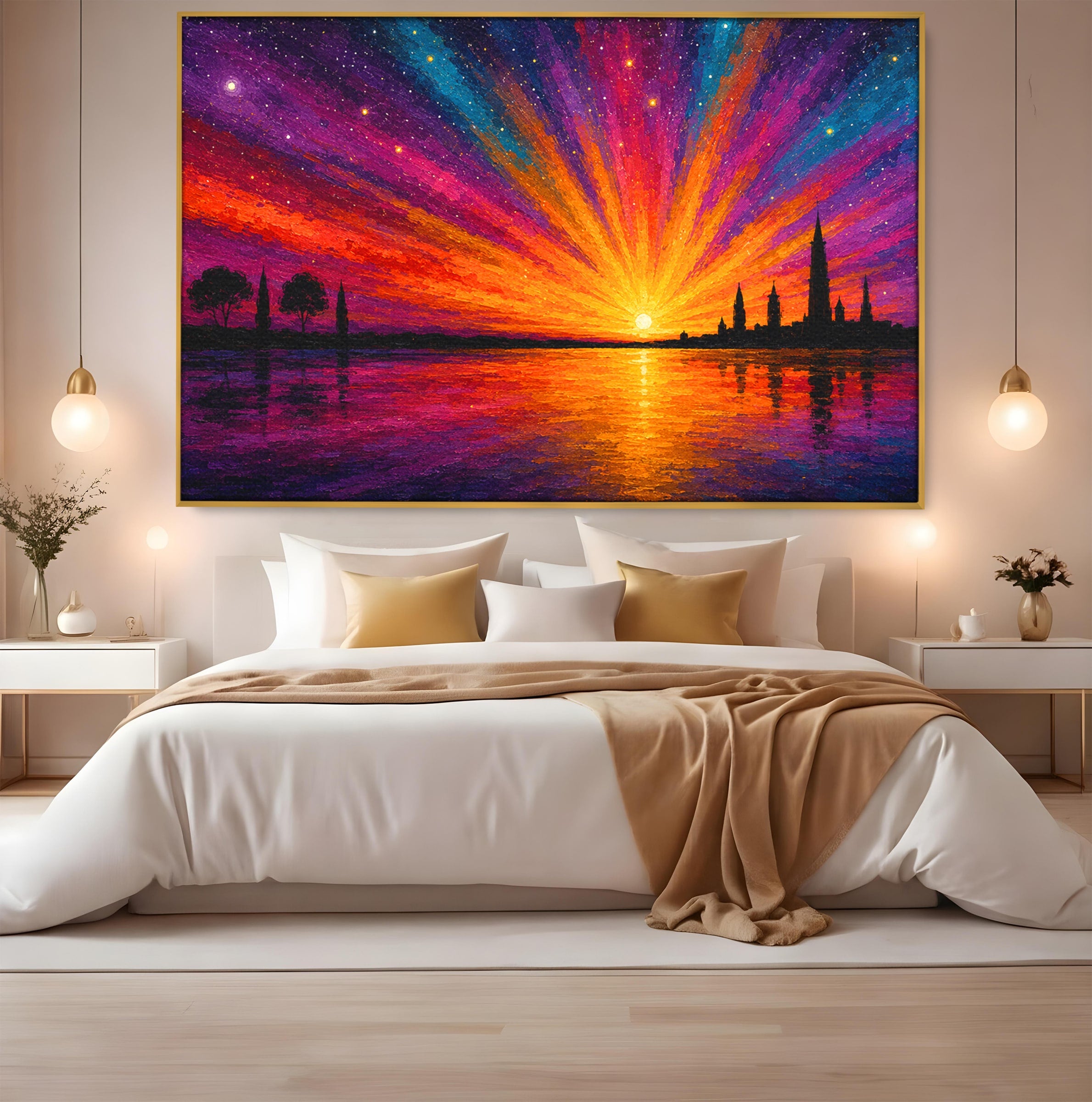 Tablou Canvas Premium LuxCanva® A1699, Apus Urban Pe Lac, Apus, Oras, Lac, Living, Peisaj, Culori Vibrante