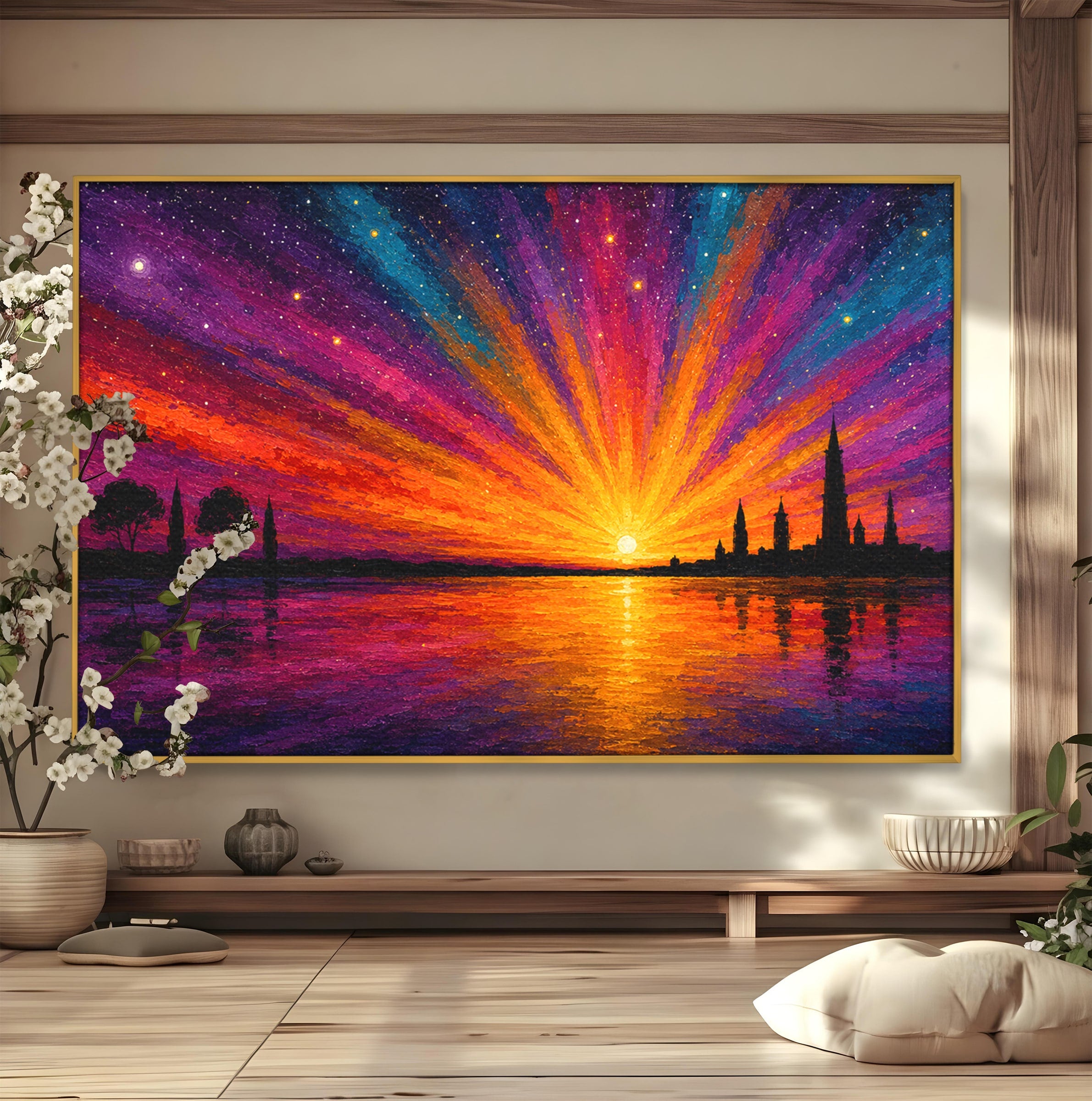 Tablou Canvas Premium LuxCanva® A1699, Apus Urban Pe Lac, Apus, Oras, Lac, Living, Peisaj, Culori Vibrante