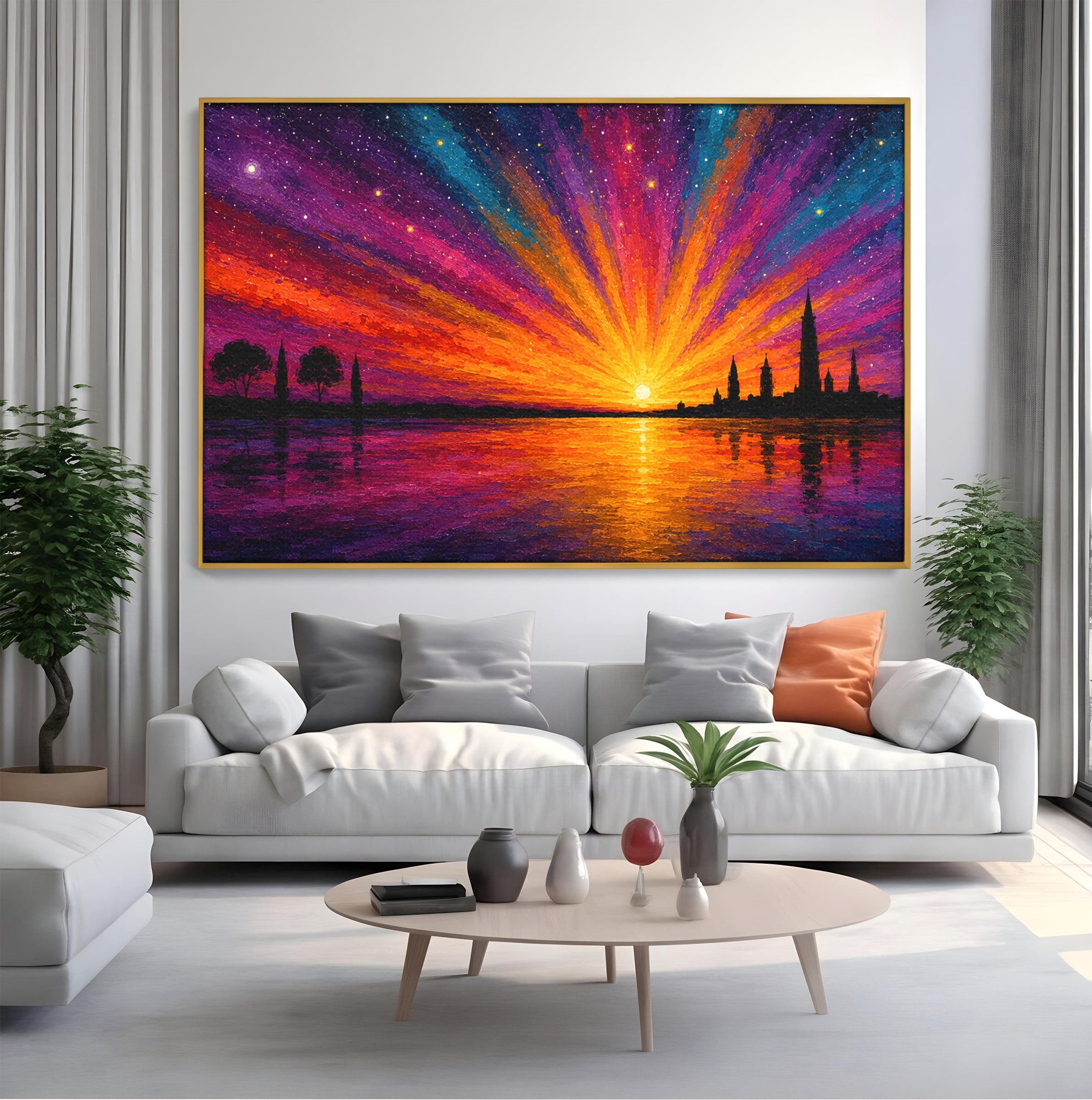 Tablou Canvas Premium LuxCanva® A1699, Apus Urban Pe Lac, Apus, Oras, Lac, Living, Peisaj, Culori Vibrante