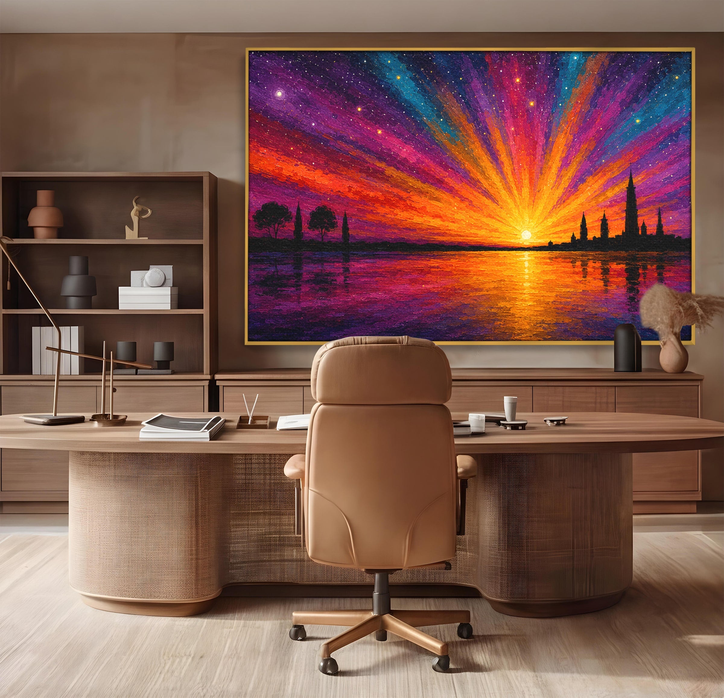 Tablou Canvas Premium LuxCanva® A1699, Apus Urban Pe Lac, Apus, Oras, Lac, Living, Peisaj, Culori Vibrante