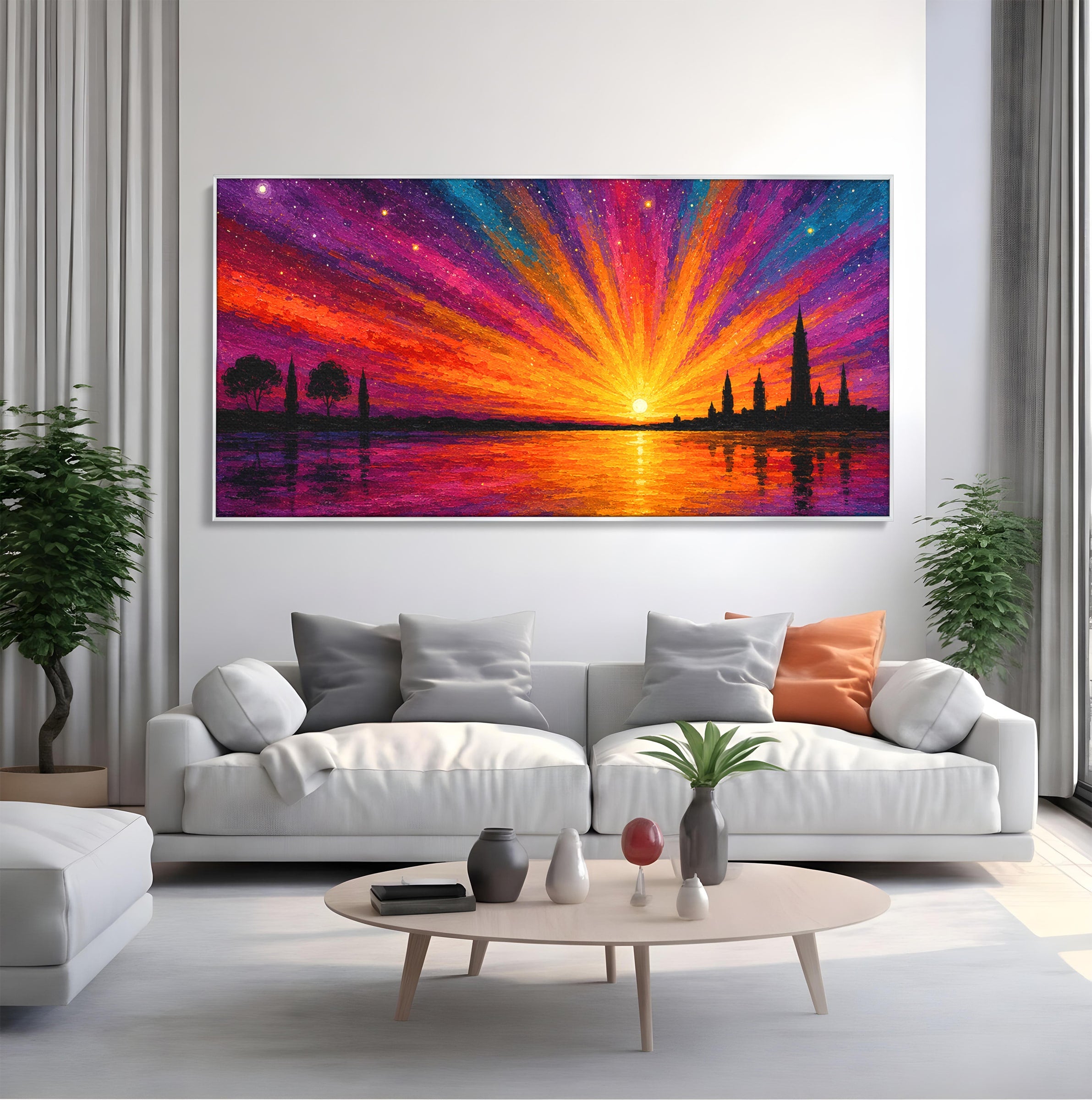 Tablou Canvas Premium LuxCanva® A1699, Apus Urban Pe Lac, Apus, Oras, Lac, Living, Peisaj, Culori Vibrante