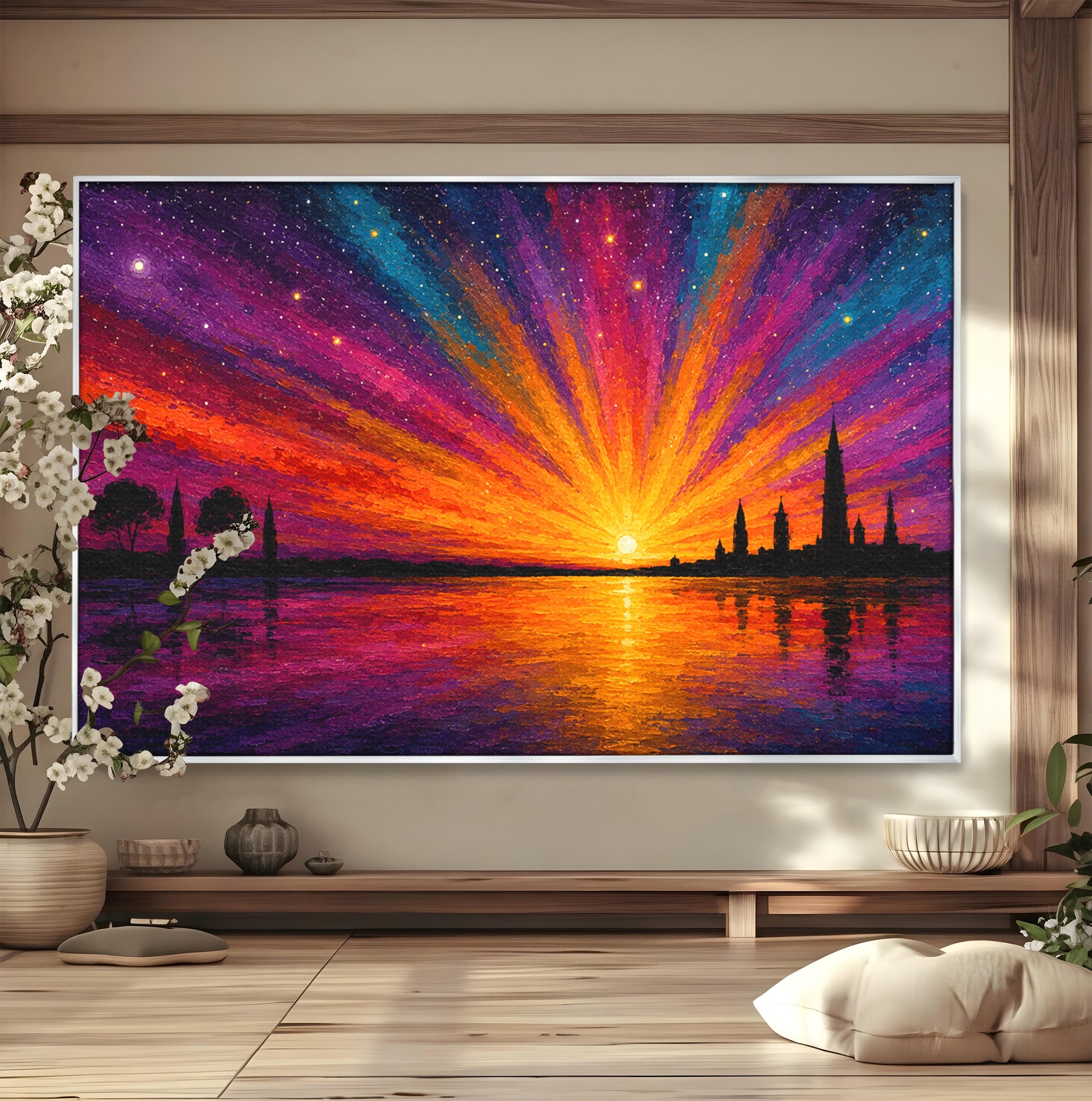 Tablou Canvas Premium LuxCanva® A1699, Apus Urban Pe Lac, Apus, Oras, Lac, Living, Peisaj, Culori Vibrante