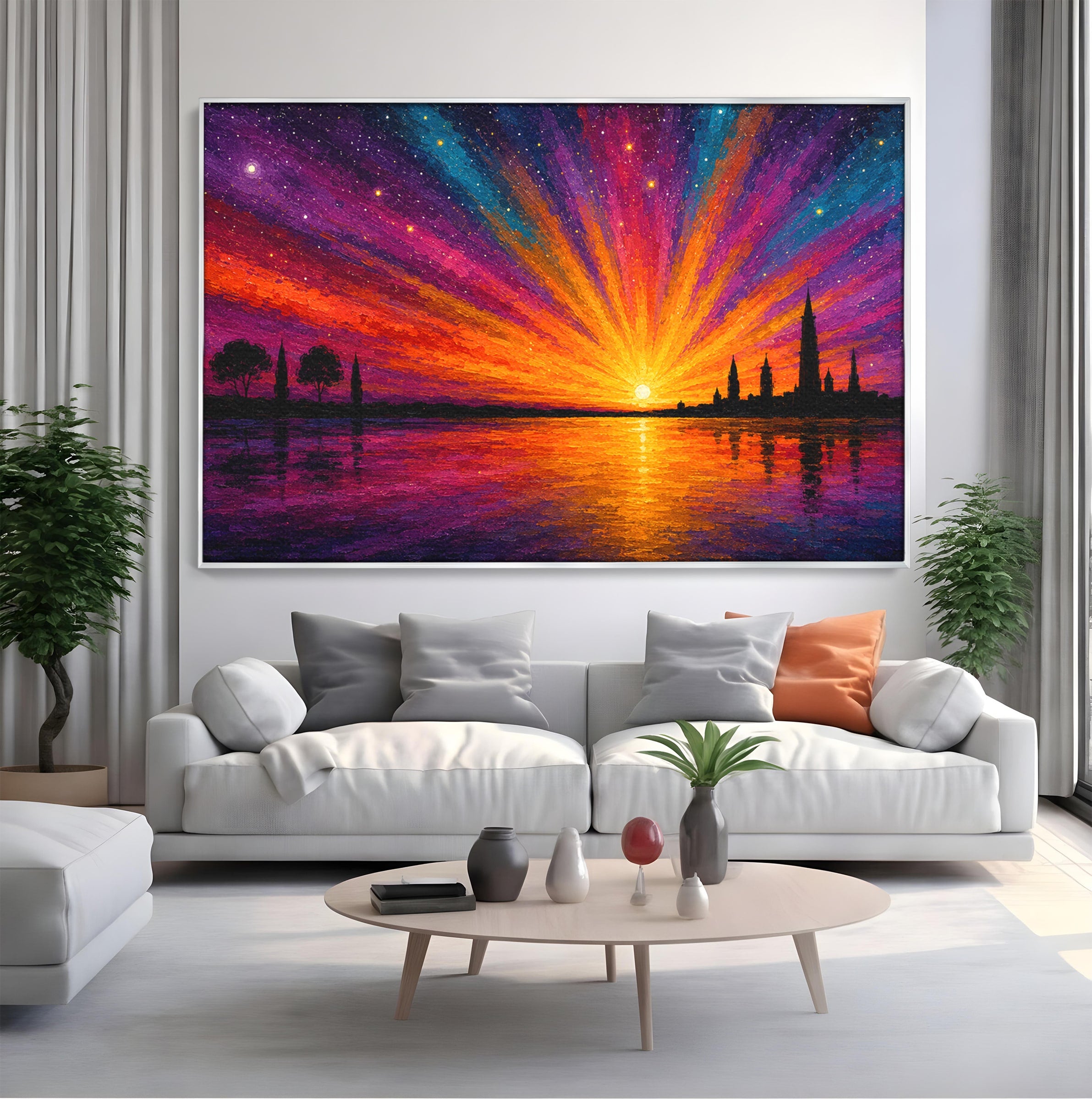 Tablou Canvas Premium LuxCanva® A1699, Apus Urban Pe Lac, Apus, Oras, Lac, Living, Peisaj, Culori Vibrante