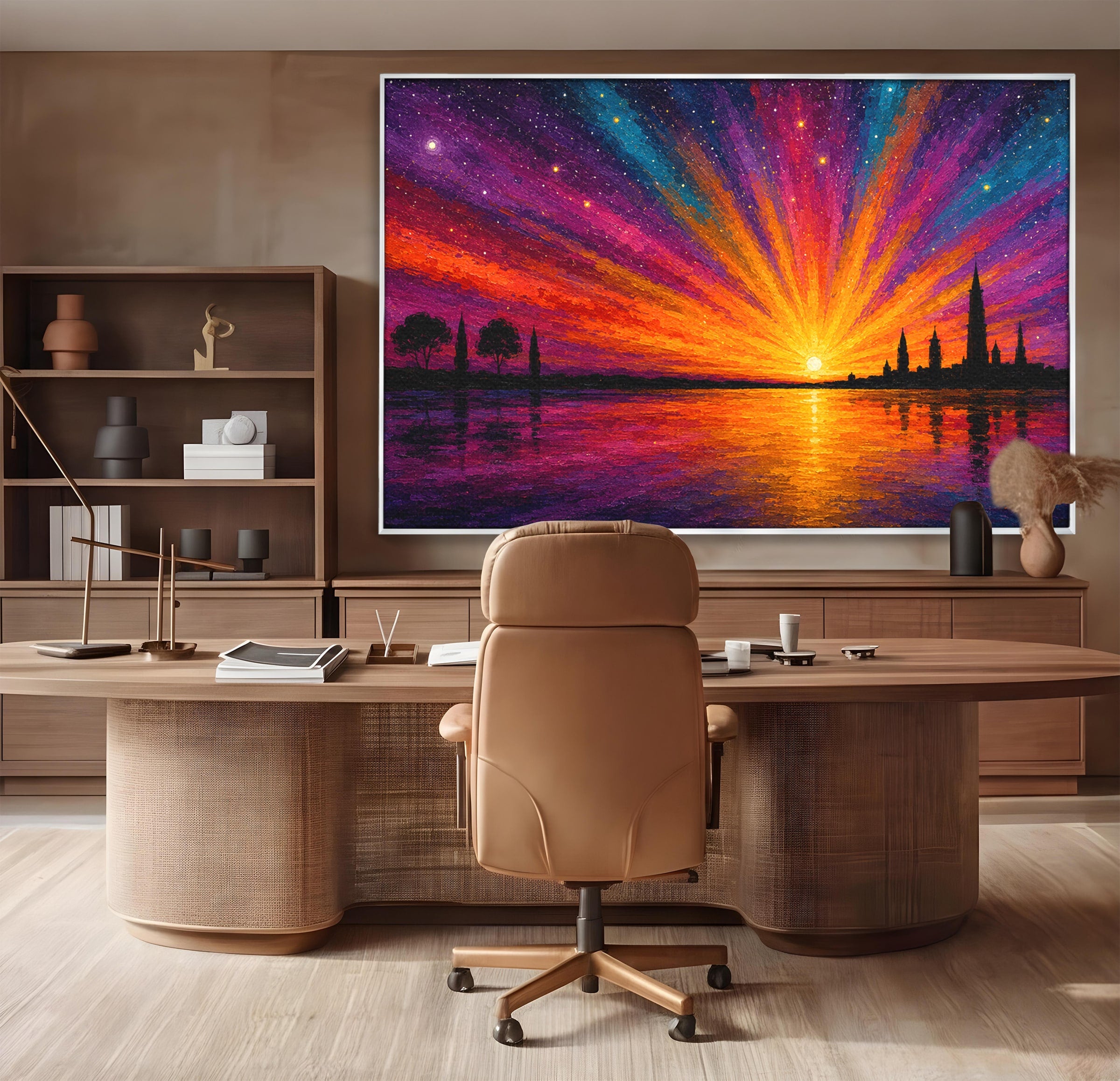 Tablou Canvas Premium LuxCanva® A1699, Apus Urban Pe Lac, Apus, Oras, Lac, Living, Peisaj, Culori Vibrante