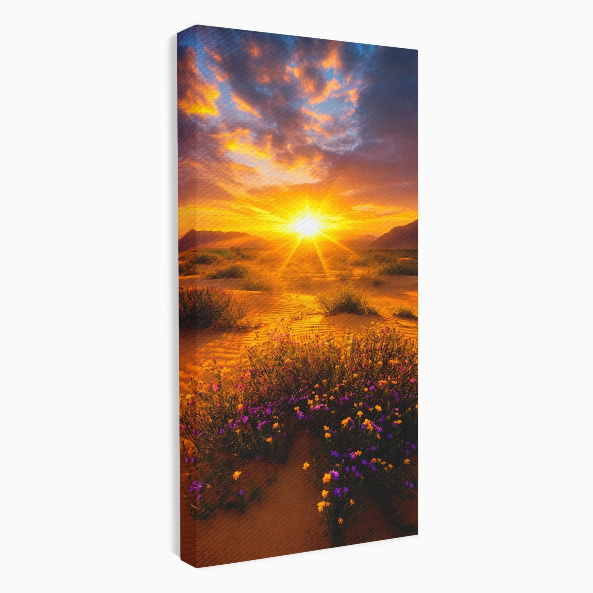 Tablou Canvas Premium LuxCanva® A1701, Apus De Soare In Desert, Apus, Desert, Flori, Natura, Living, Culori Vibrante