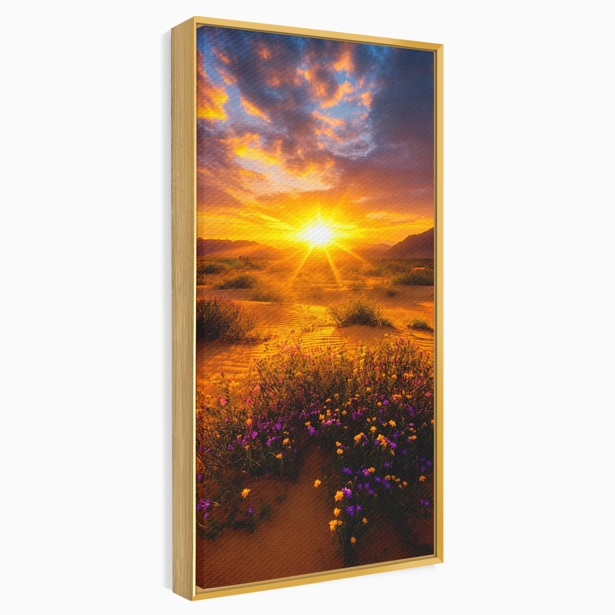Tablou Canvas Premium LuxCanva® A1701, Apus De Soare In Desert, Apus, Desert, Flori, Natura, Living, Culori Vibrante