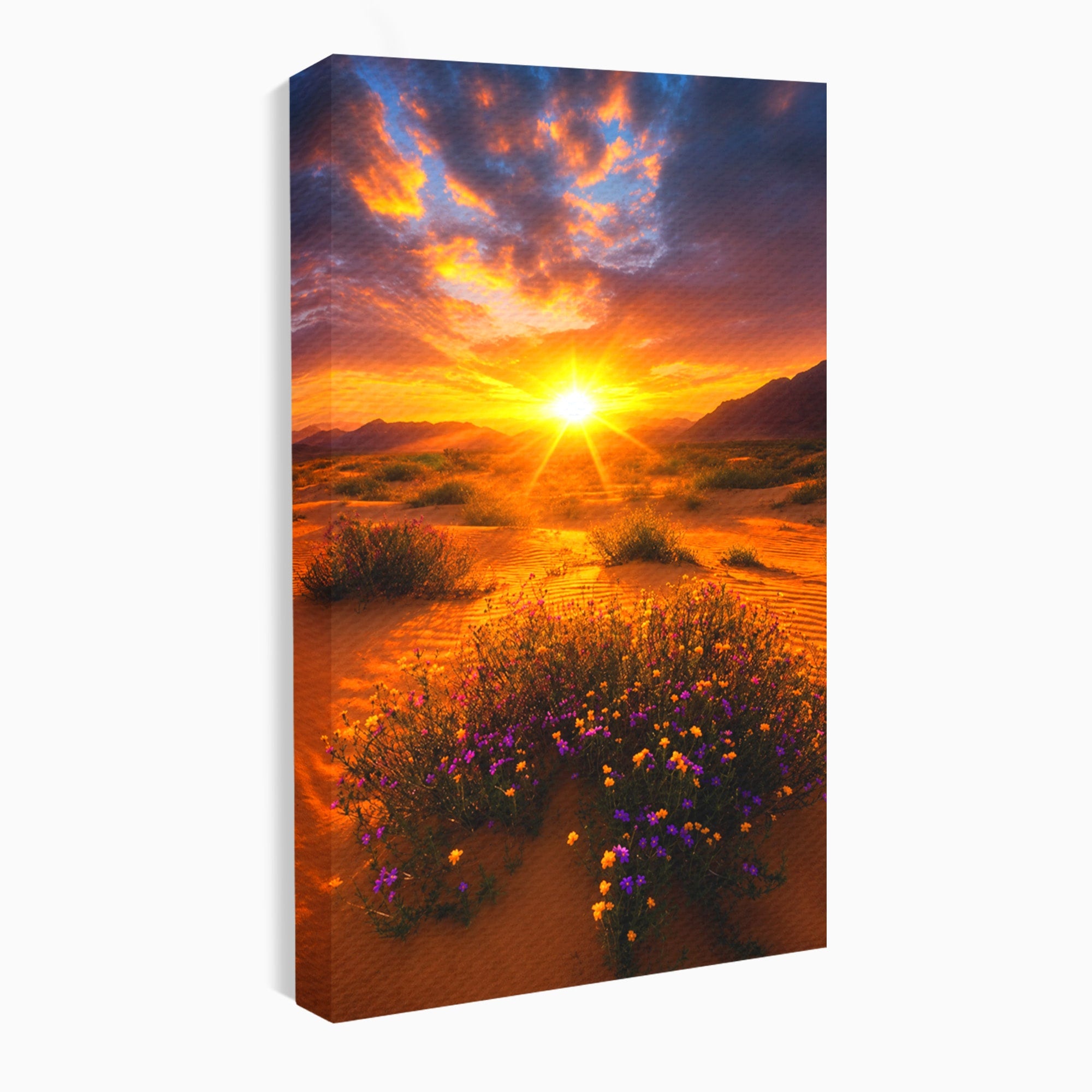 Tablou Canvas Premium LuxCanva® A1701, Apus De Soare In Desert, Apus, Desert, Flori, Natura, Living, Culori Vibrante
