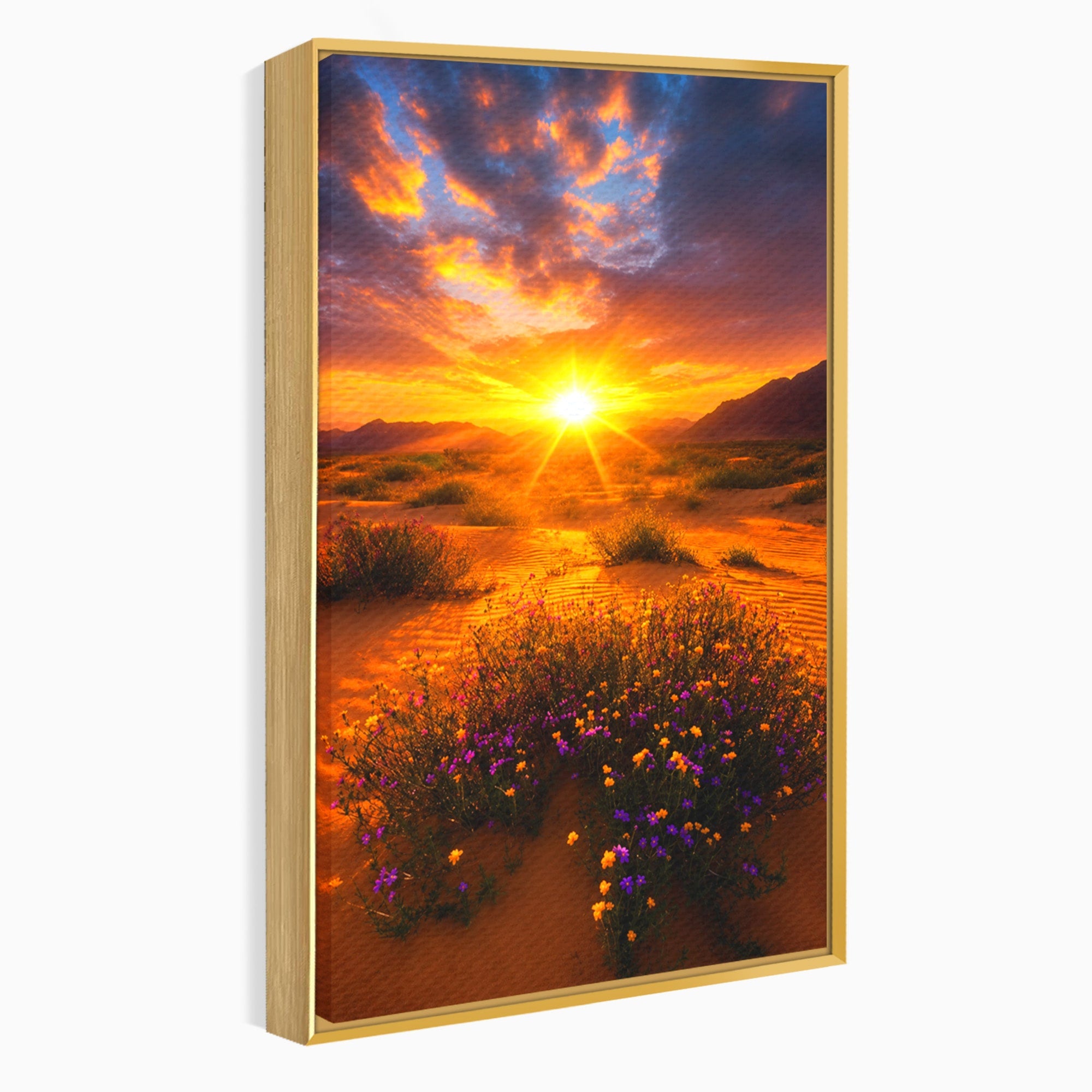 Tablou Canvas Premium LuxCanva® A1701, Apus De Soare In Desert, Apus, Desert, Flori, Natura, Living, Culori Vibrante