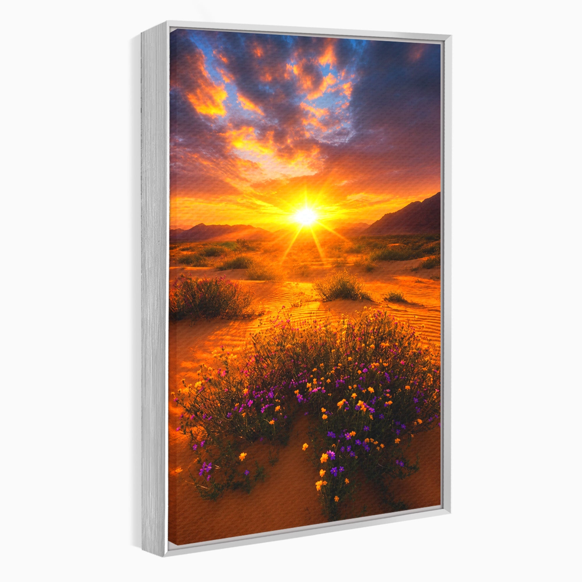Tablou Canvas Premium LuxCanva® A1701, Apus De Soare In Desert, Apus, Desert, Flori, Natura, Living, Culori Vibrante
