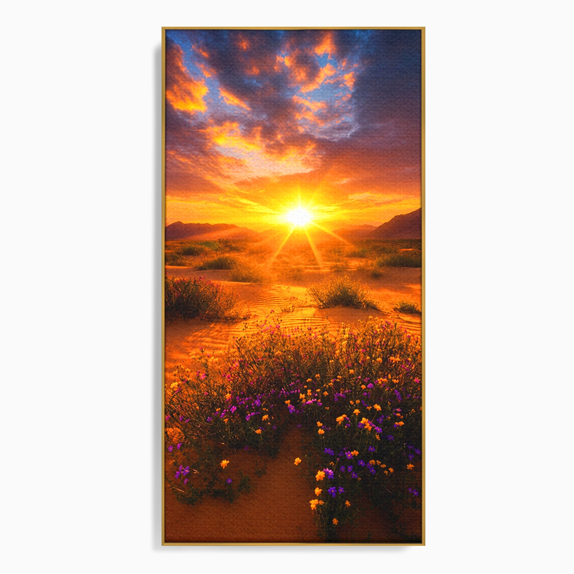 Tablou Canvas Premium LuxCanva® A1701, Apus De Soare In Desert, Apus, Desert, Flori, Natura, Living, Culori Vibrante