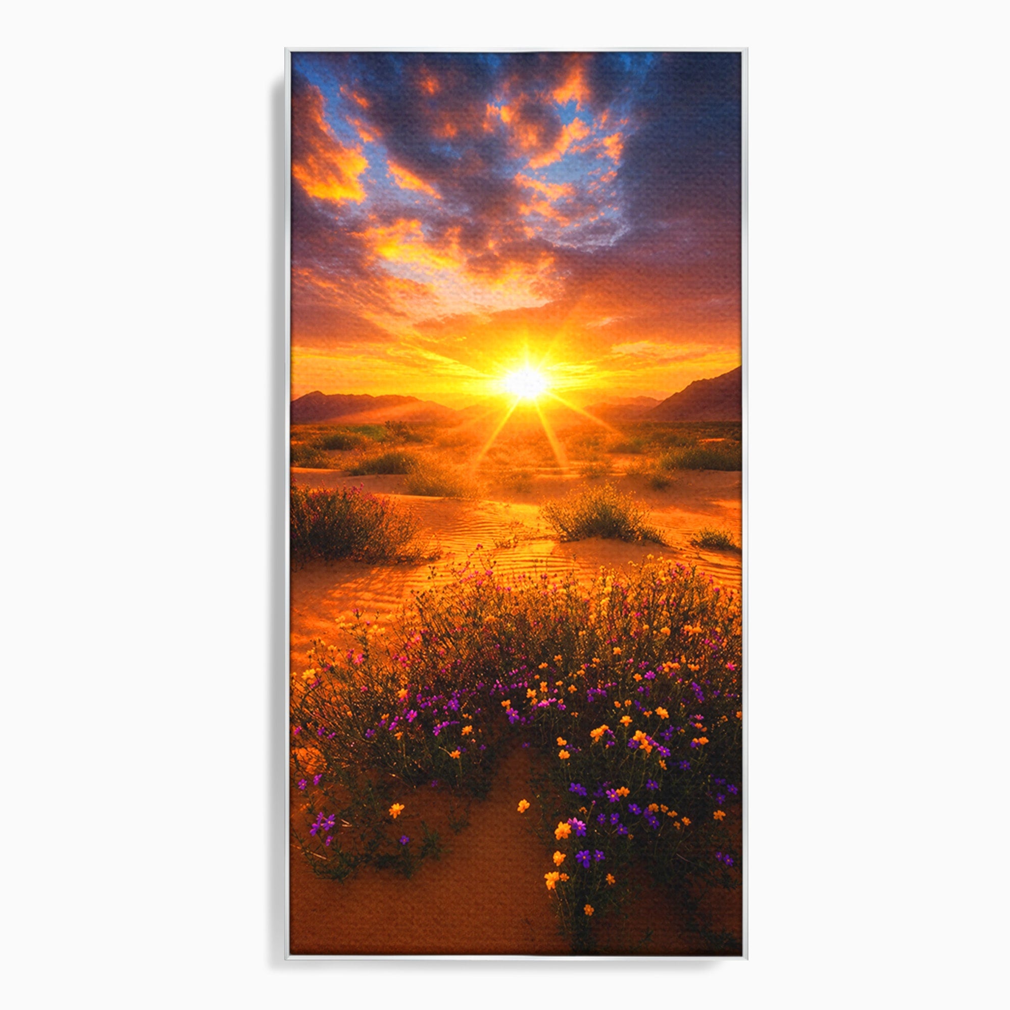 Tablou Canvas Premium LuxCanva® A1701, Apus De Soare In Desert, Apus, Desert, Flori, Natura, Living, Culori Vibrante