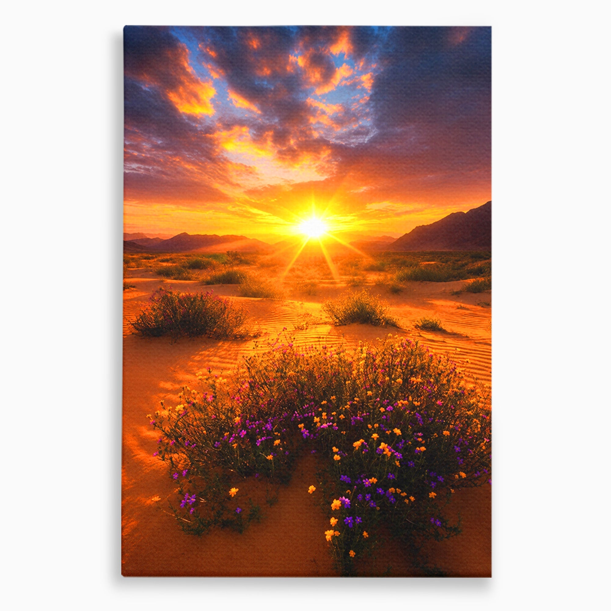 Tablou Canvas Premium LuxCanva® A1701, Apus De Soare In Desert, Apus, Desert, Flori, Natura, Living, Culori Vibrante