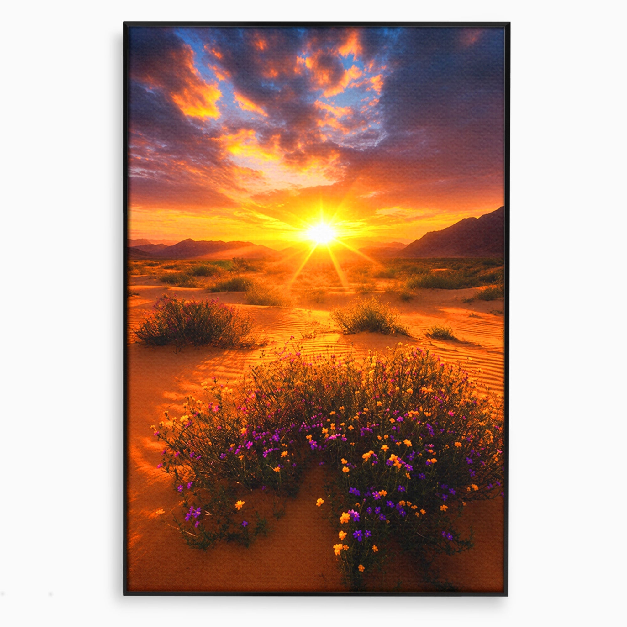 Tablou Canvas Premium LuxCanva® A1701, Apus De Soare In Desert, Apus, Desert, Flori, Natura, Living, Culori Vibrante