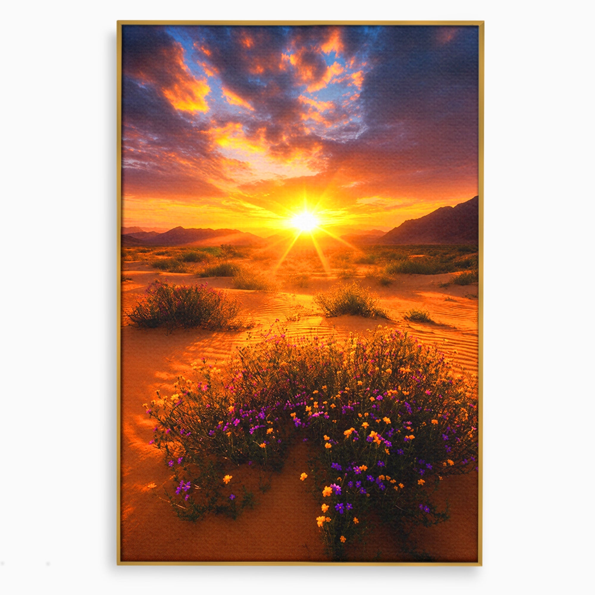 Tablou Canvas Premium LuxCanva® A1701, Apus De Soare In Desert, Apus, Desert, Flori, Natura, Living, Culori Vibrante