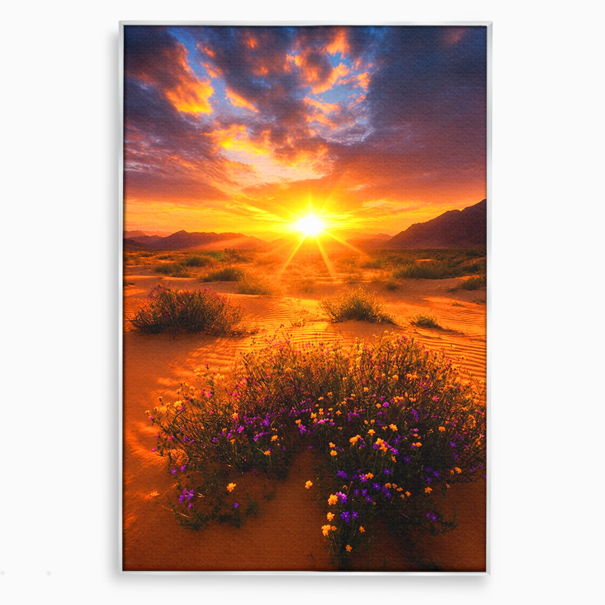 Tablou Canvas Premium LuxCanva® A1701, Apus De Soare In Desert, Apus, Desert, Flori, Natura, Living, Culori Vibrante