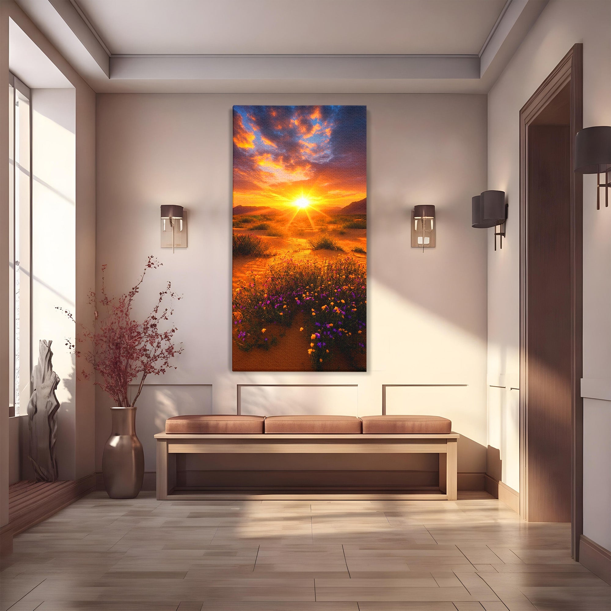 Tablou Canvas Premium LuxCanva® A1701, Apus De Soare In Desert, Apus, Desert, Flori, Natura, Living, Culori Vibrante