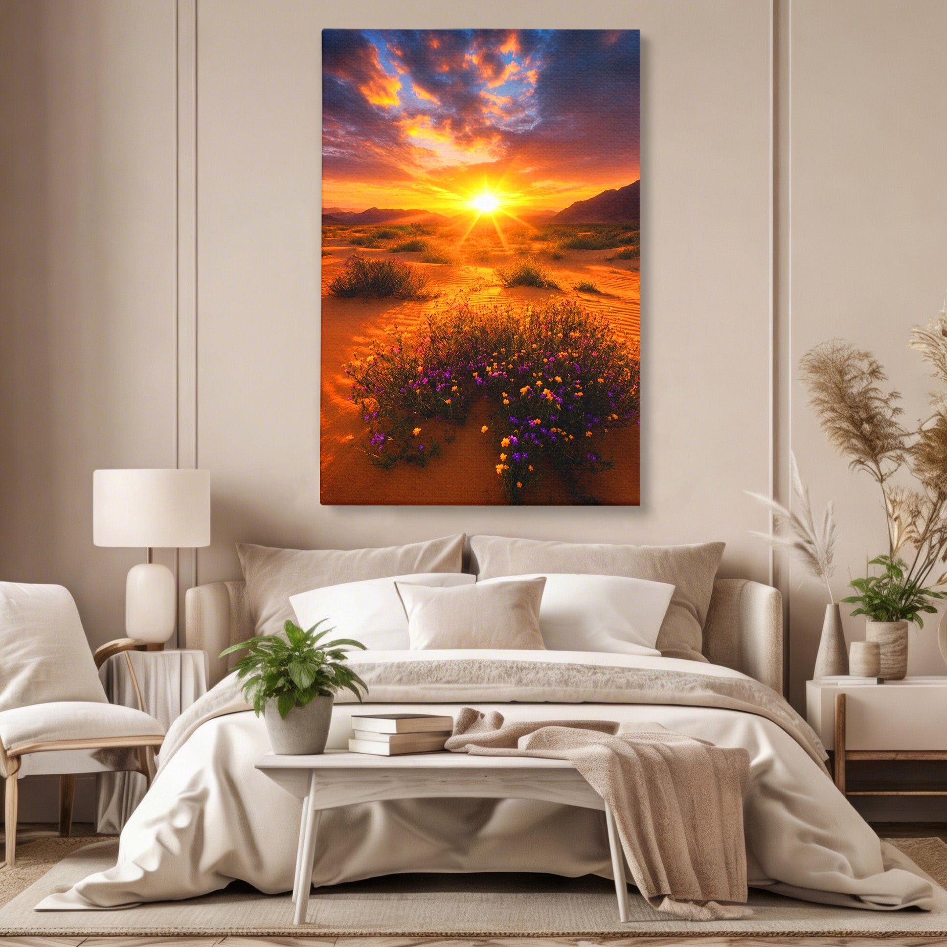 Tablou Canvas Premium LuxCanva® A1701, Apus De Soare In Desert, Apus, Desert, Flori, Natura, Living, Culori Vibrante