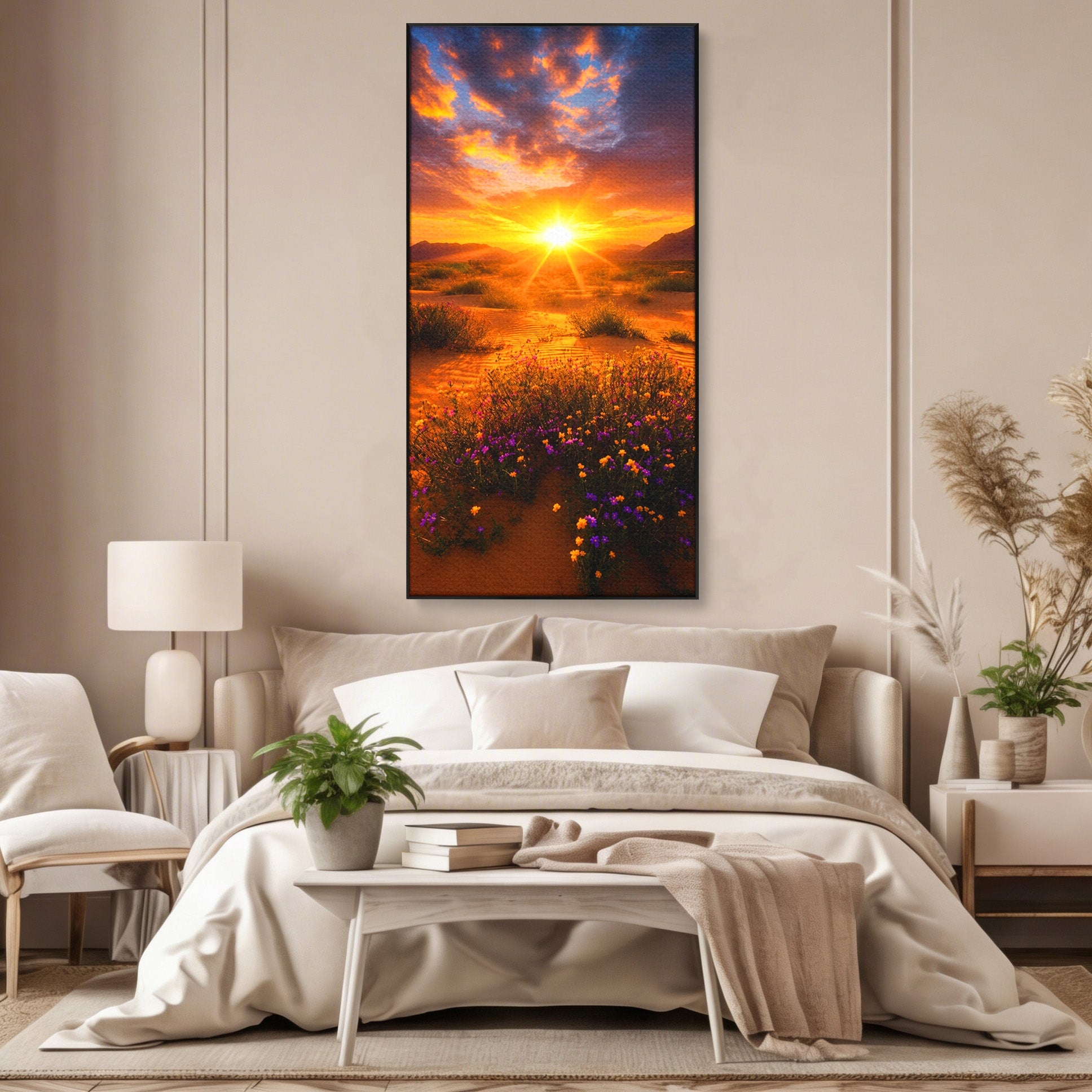 Tablou Canvas Premium LuxCanva® A1701, Apus De Soare In Desert, Apus, Desert, Flori, Natura, Living, Culori Vibrante