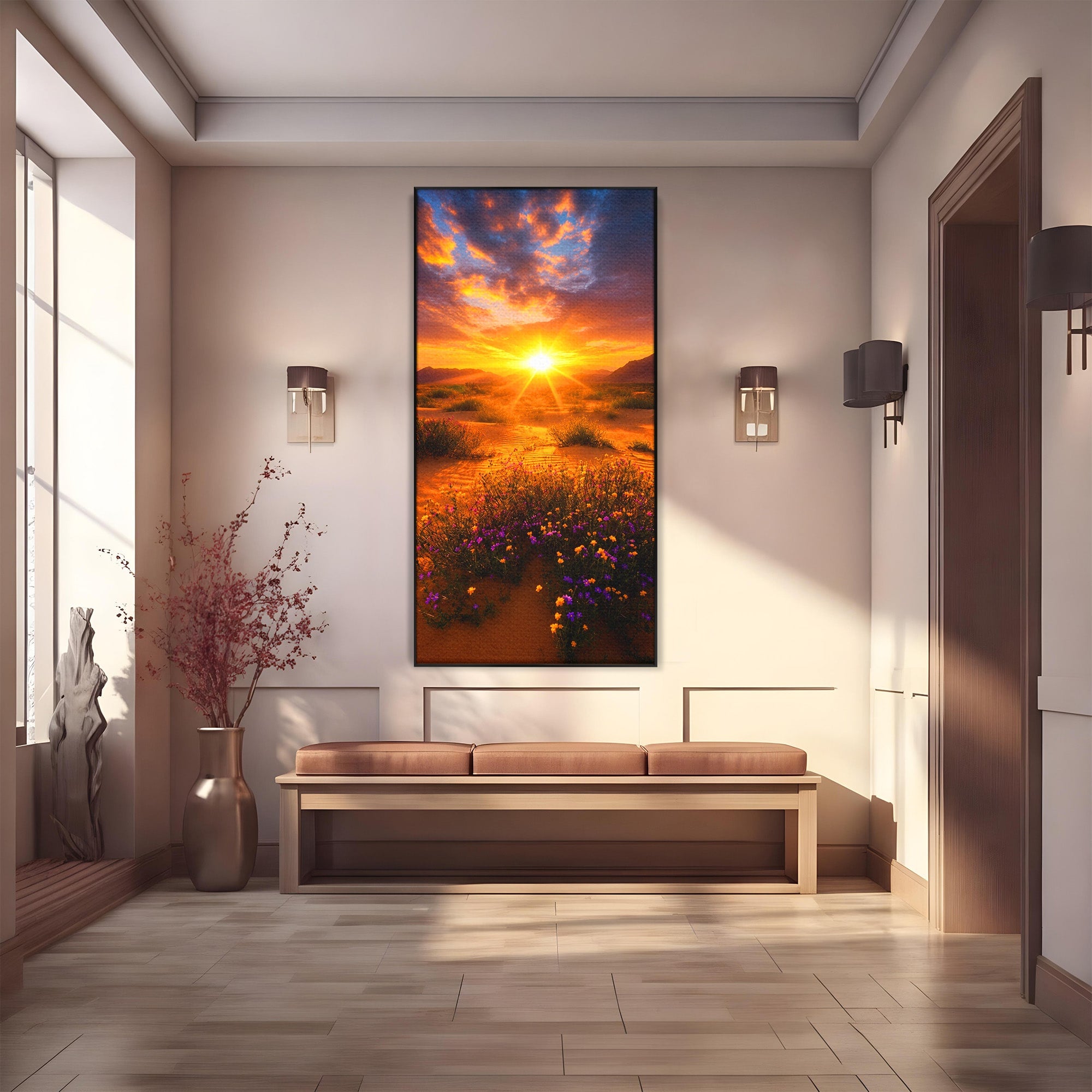 Tablou Canvas Premium LuxCanva® A1701, Apus De Soare In Desert, Apus, Desert, Flori, Natura, Living, Culori Vibrante