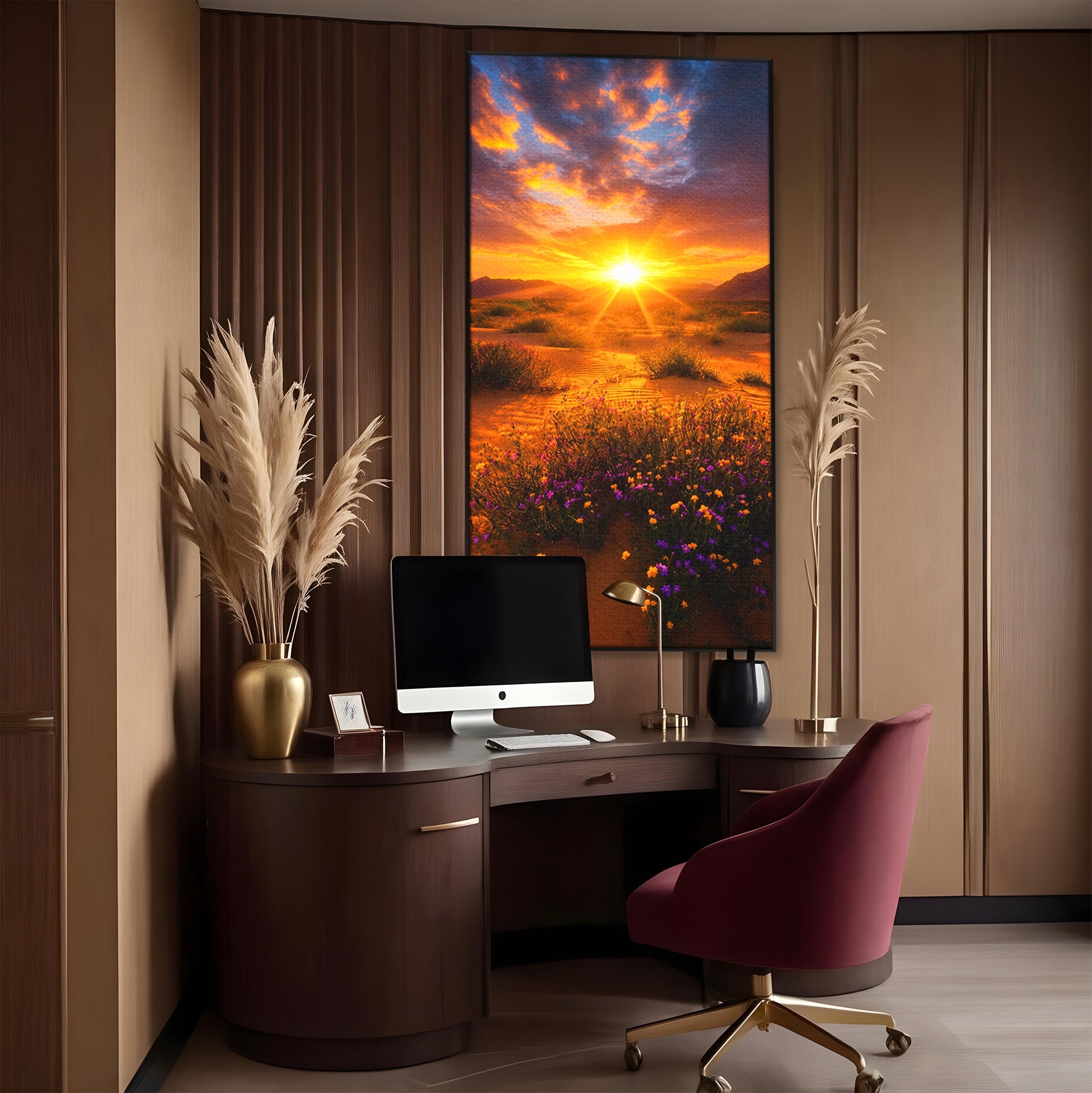 Tablou Canvas Premium LuxCanva® A1701, Apus De Soare In Desert, Apus, Desert, Flori, Natura, Living, Culori Vibrante