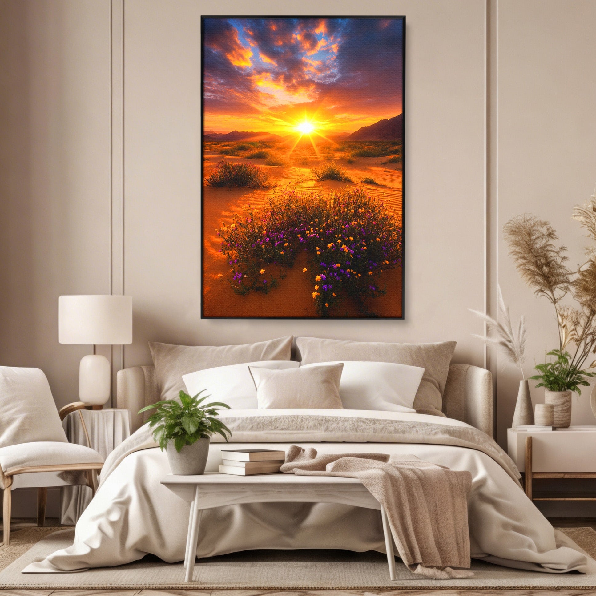 Tablou Canvas Premium LuxCanva® A1701, Apus De Soare In Desert, Apus, Desert, Flori, Natura, Living, Culori Vibrante