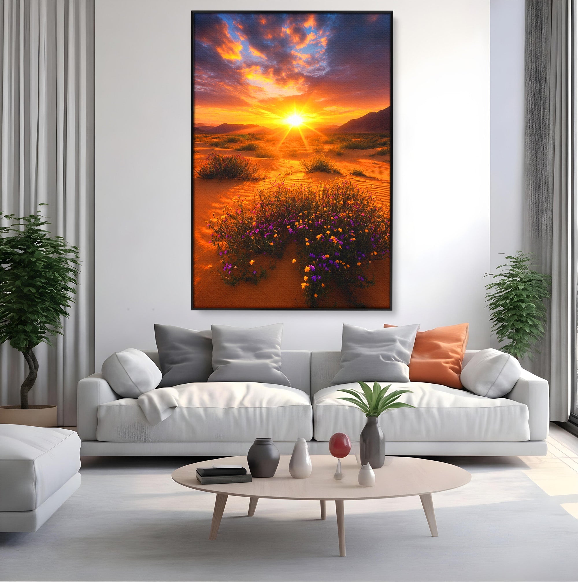 Tablou Canvas Premium LuxCanva® A1701, Apus De Soare In Desert, Apus, Desert, Flori, Natura, Living, Culori Vibrante