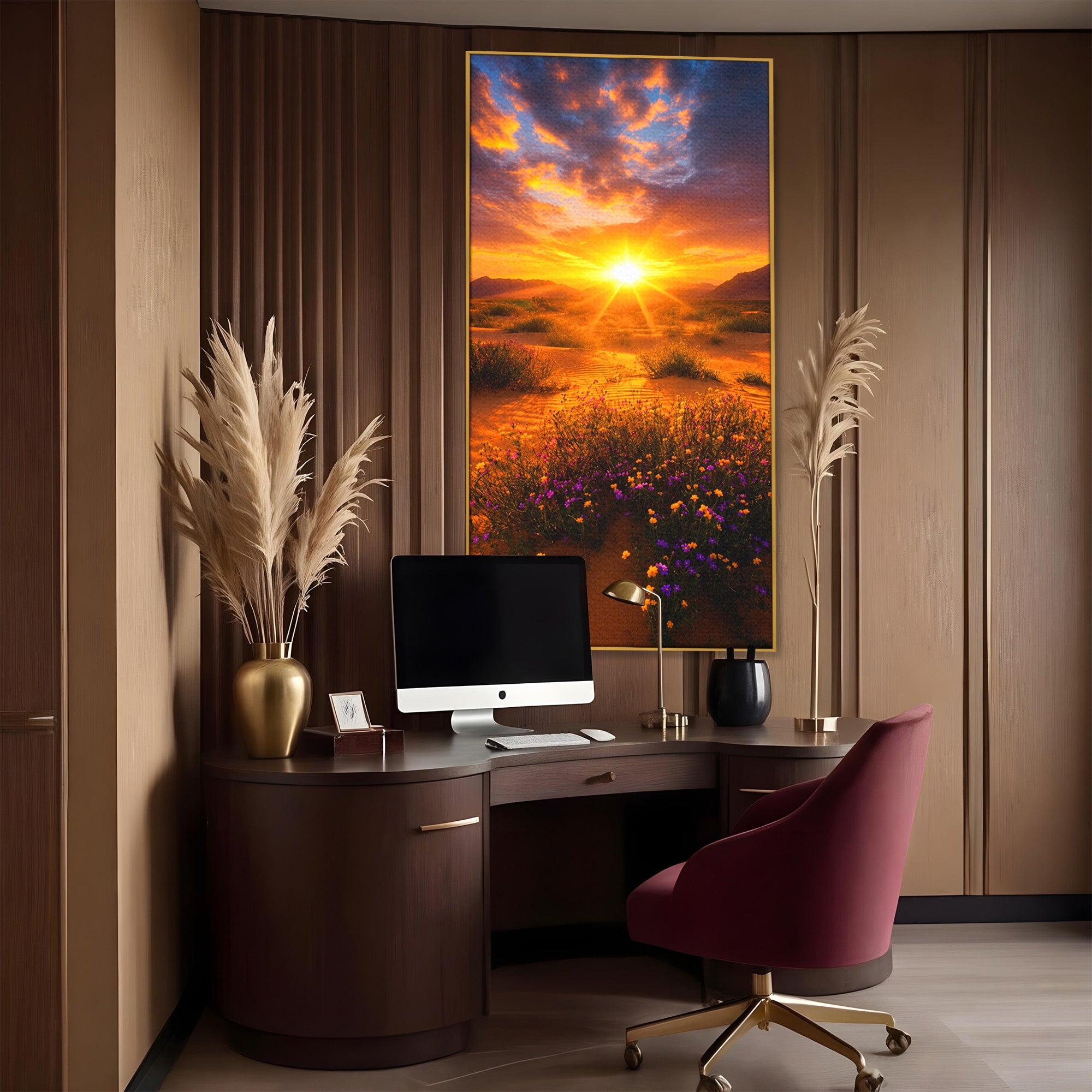 Tablou Canvas Premium LuxCanva® A1701, Apus De Soare In Desert, Apus, Desert, Flori, Natura, Living, Culori Vibrante