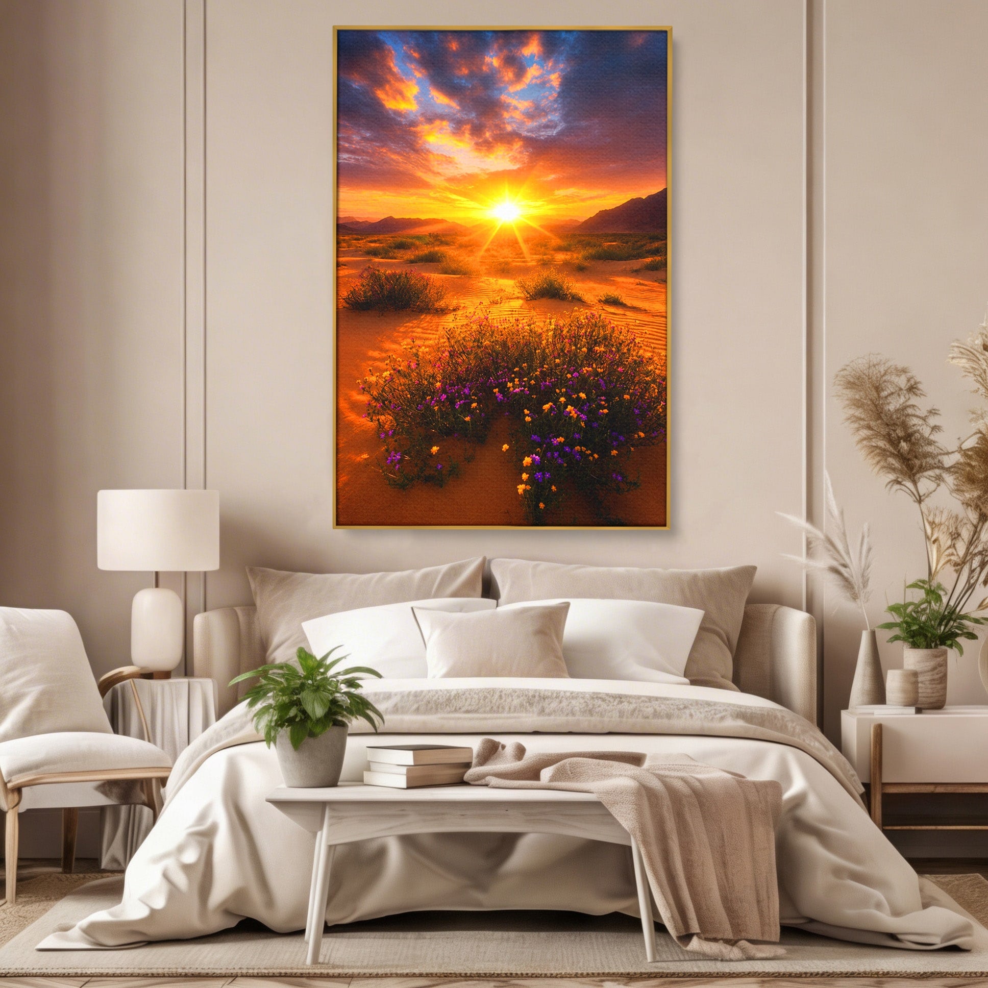 Tablou Canvas Premium LuxCanva® A1701, Apus De Soare In Desert, Apus, Desert, Flori, Natura, Living, Culori Vibrante