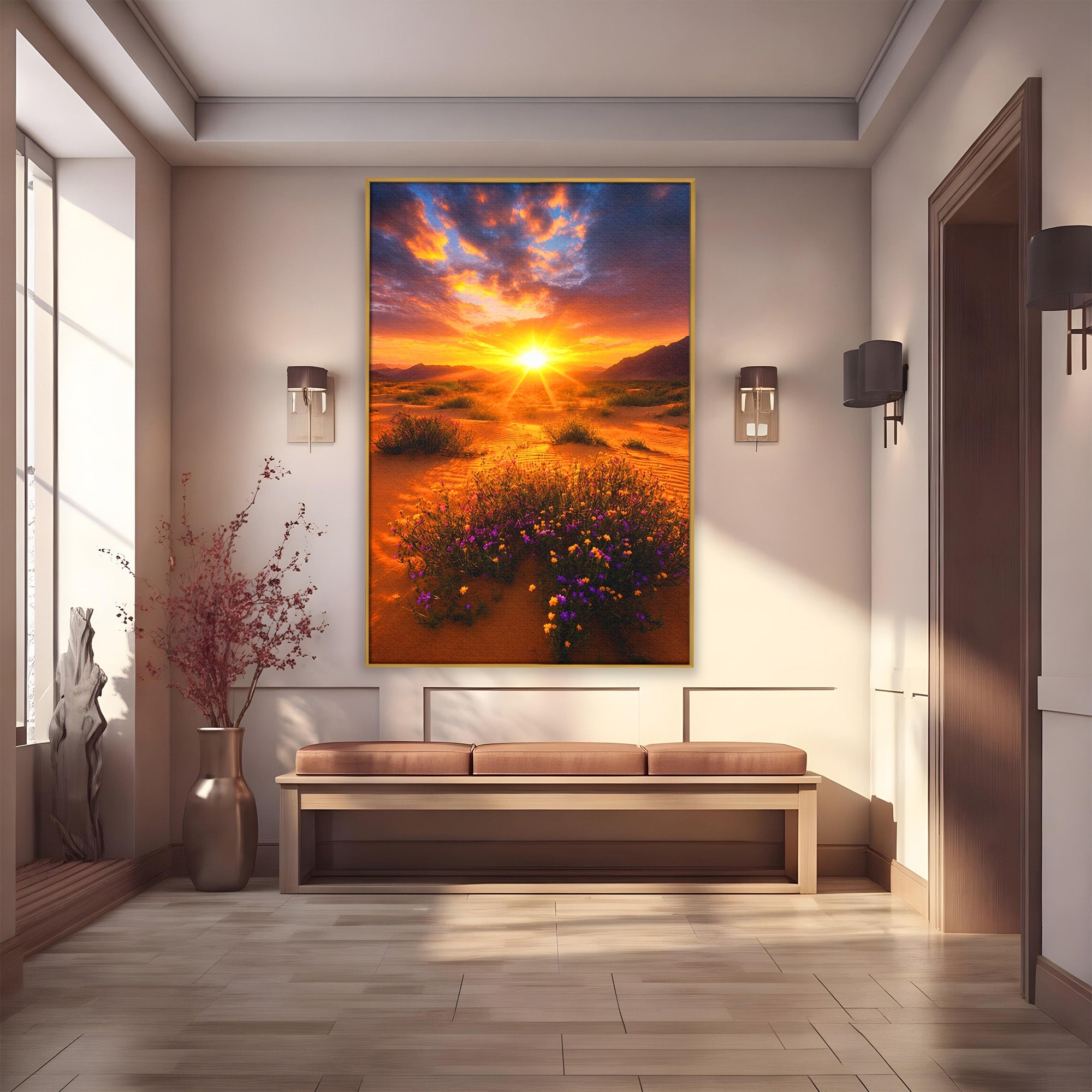Tablou Canvas Premium LuxCanva® A1701, Apus De Soare In Desert, Apus, Desert, Flori, Natura, Living, Culori Vibrante