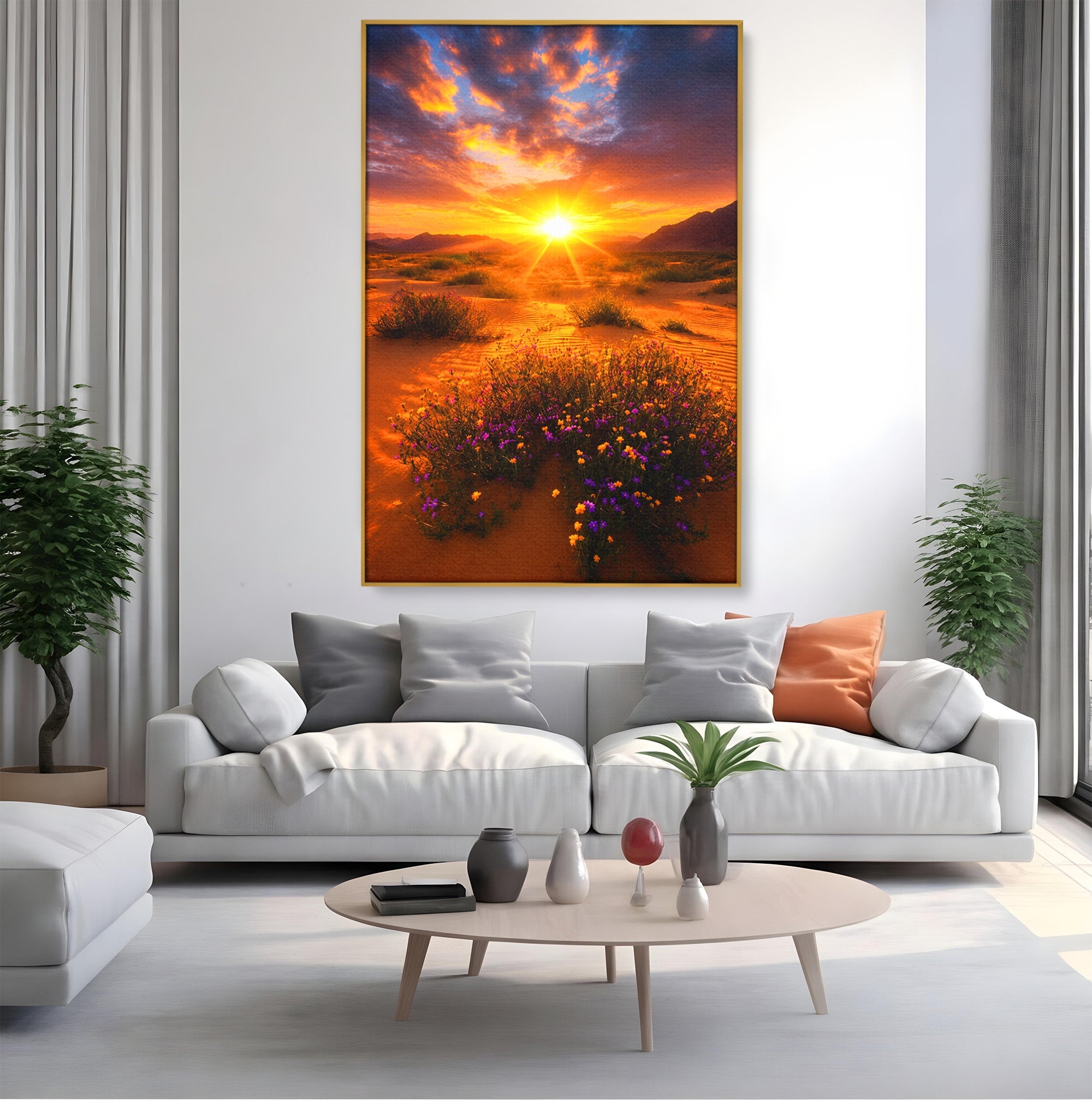 Tablou Canvas Premium LuxCanva® A1701, Apus De Soare In Desert, Apus, Desert, Flori, Natura, Living, Culori Vibrante