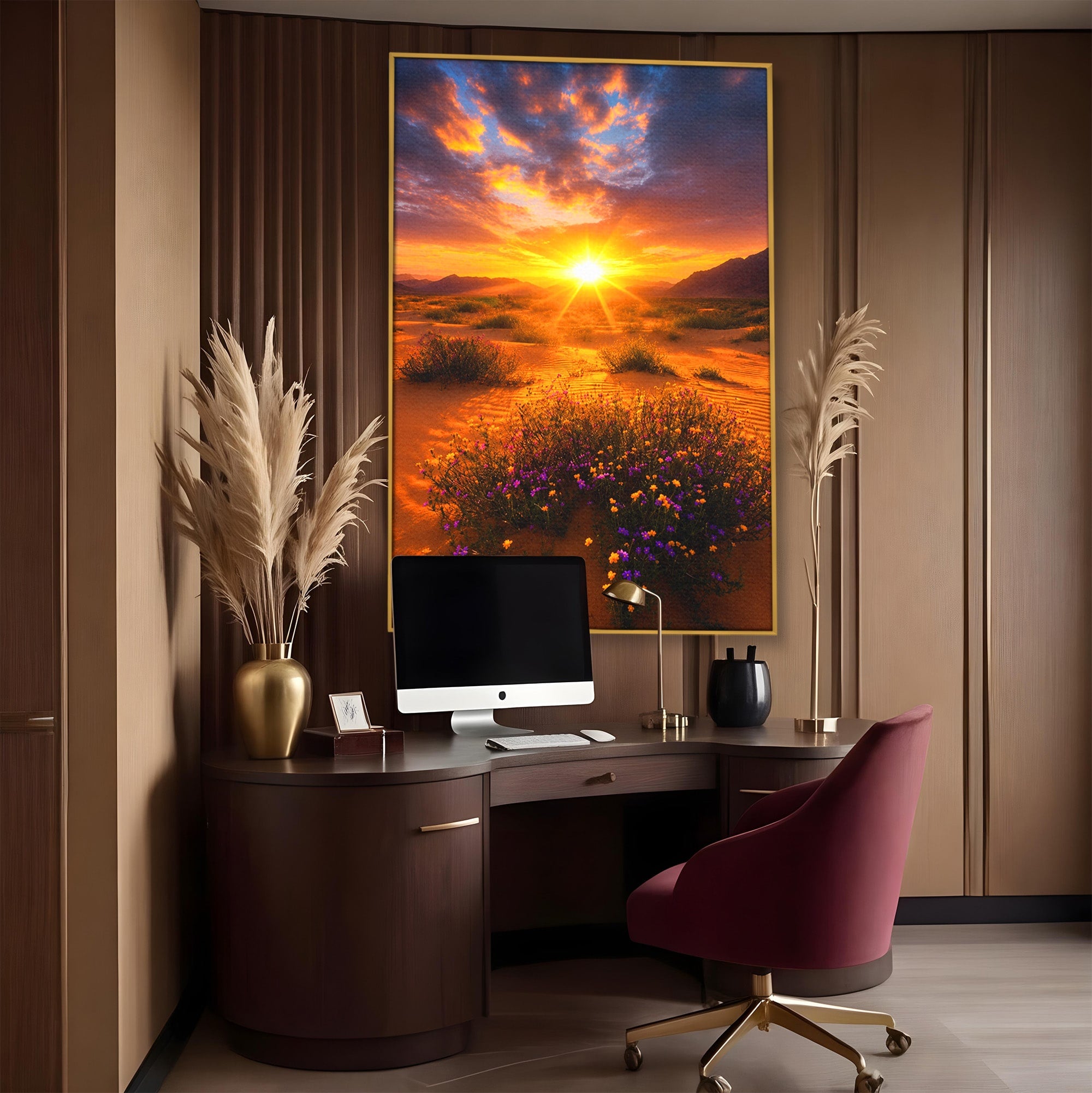 Tablou Canvas Premium LuxCanva® A1701, Apus De Soare In Desert, Apus, Desert, Flori, Natura, Living, Culori Vibrante
