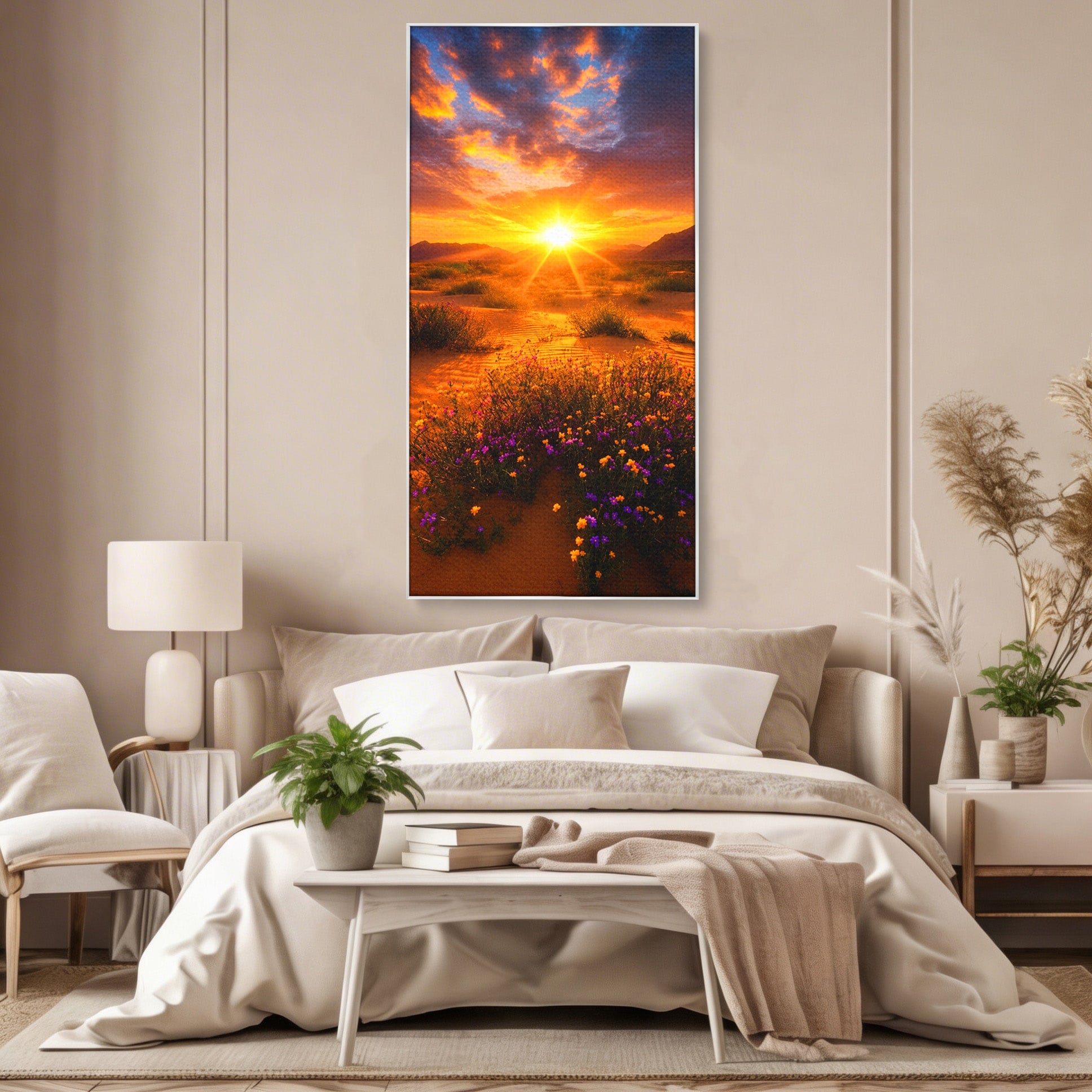 Tablou Canvas Premium LuxCanva® A1701, Apus De Soare In Desert, Apus, Desert, Flori, Natura, Living, Culori Vibrante