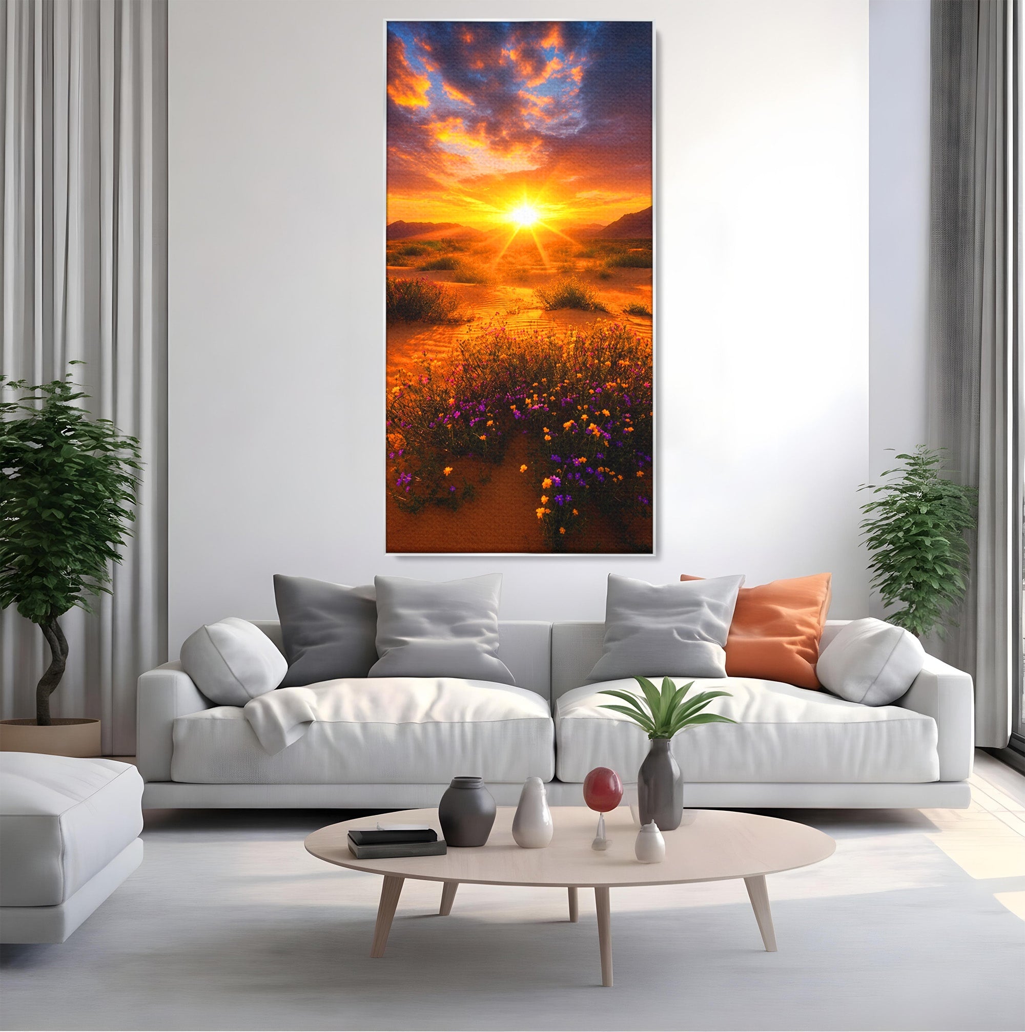 Tablou Canvas Premium LuxCanva® A1701, Apus De Soare In Desert, Apus, Desert, Flori, Natura, Living, Culori Vibrante
