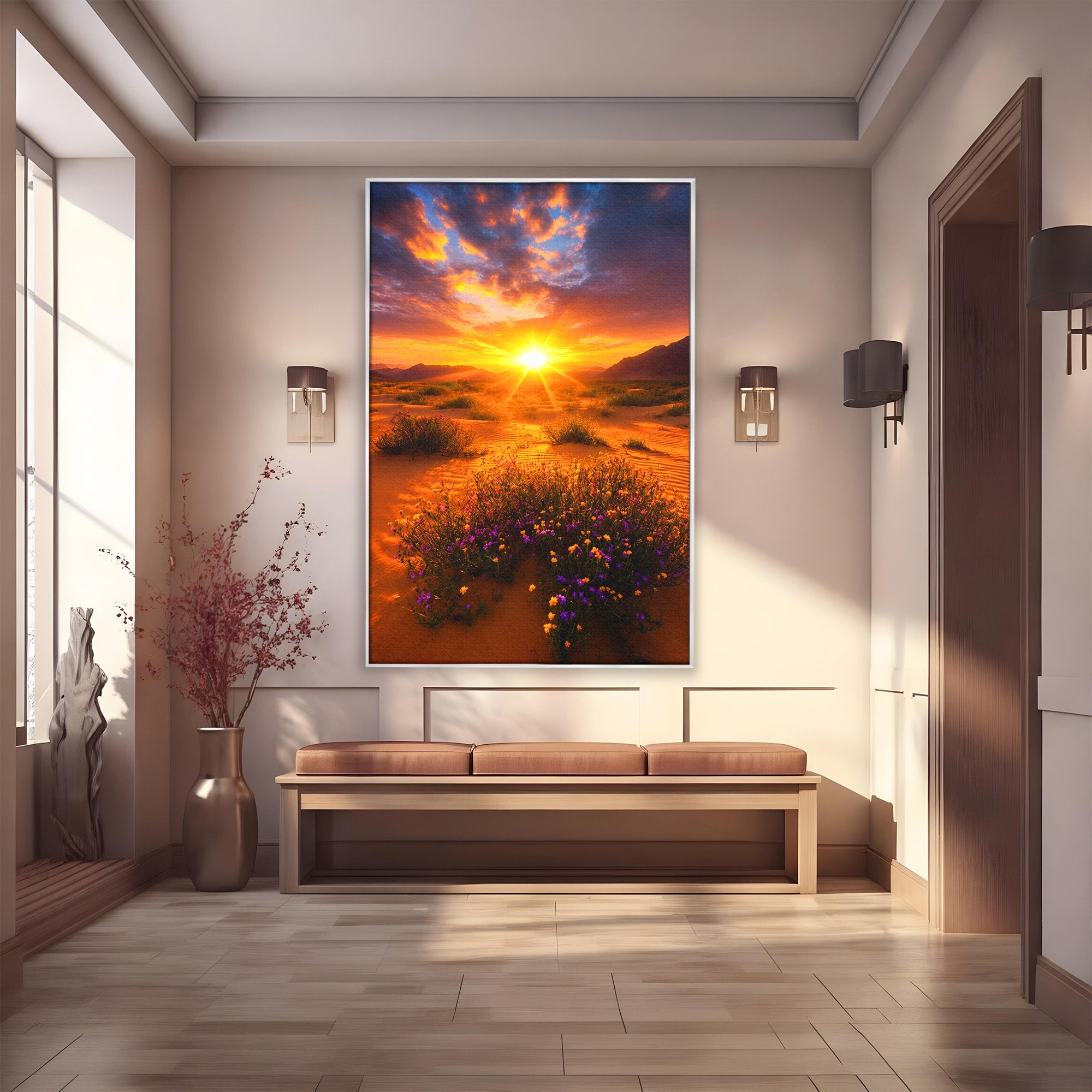 Tablou Canvas Premium LuxCanva® A1701, Apus De Soare In Desert, Apus, Desert, Flori, Natura, Living, Culori Vibrante