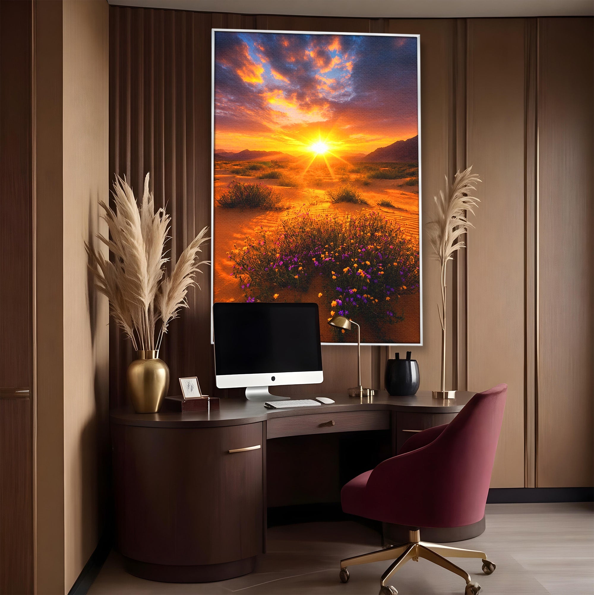 Tablou Canvas Premium LuxCanva® A1701, Apus De Soare In Desert, Apus, Desert, Flori, Natura, Living, Culori Vibrante