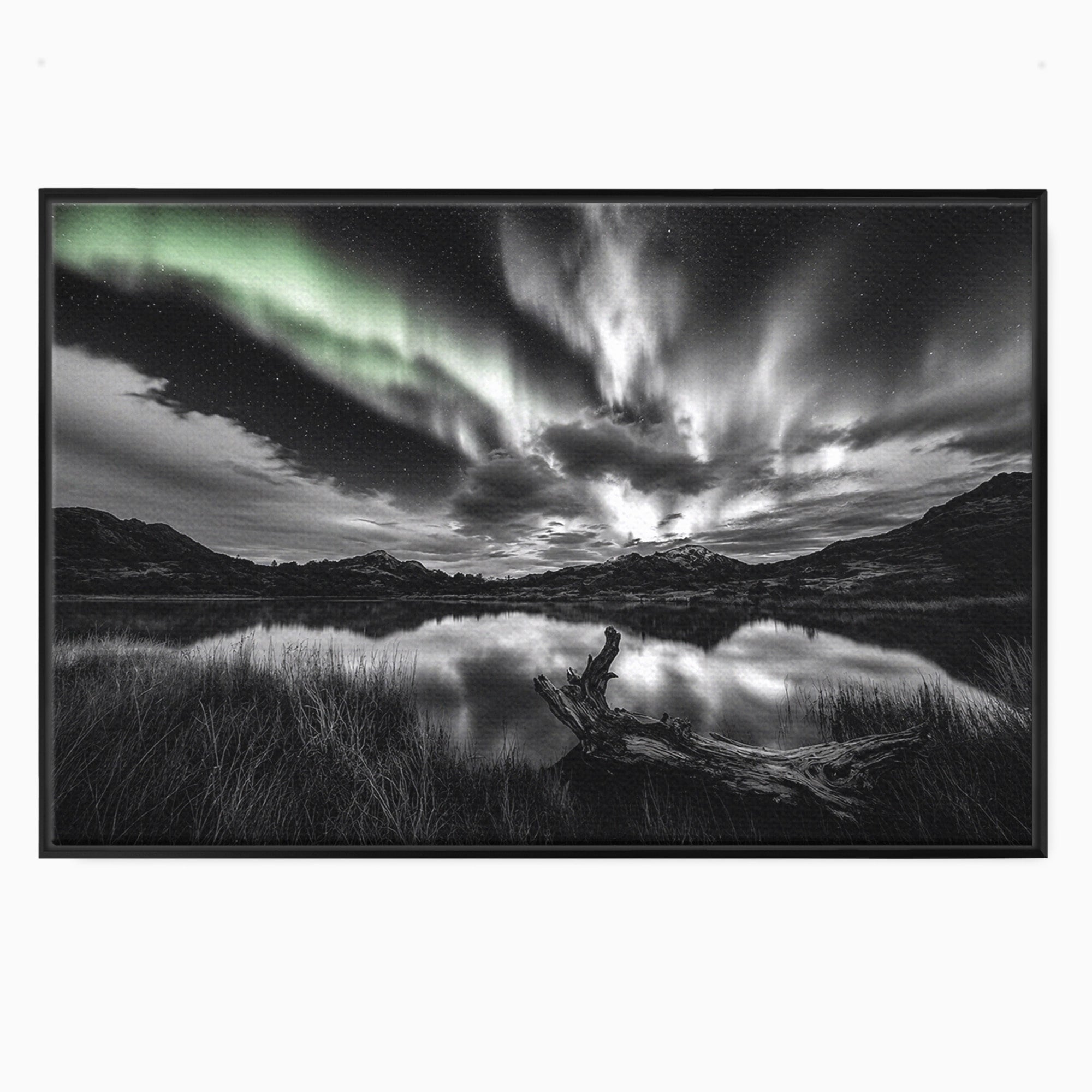 Tablou Canvas Premium LuxCanva® A1703, Aurora Boreala Monocromatica, Aurora Boreala, Peisaj, Noapte, Reflectie, Dormitor, Culori Vibrante