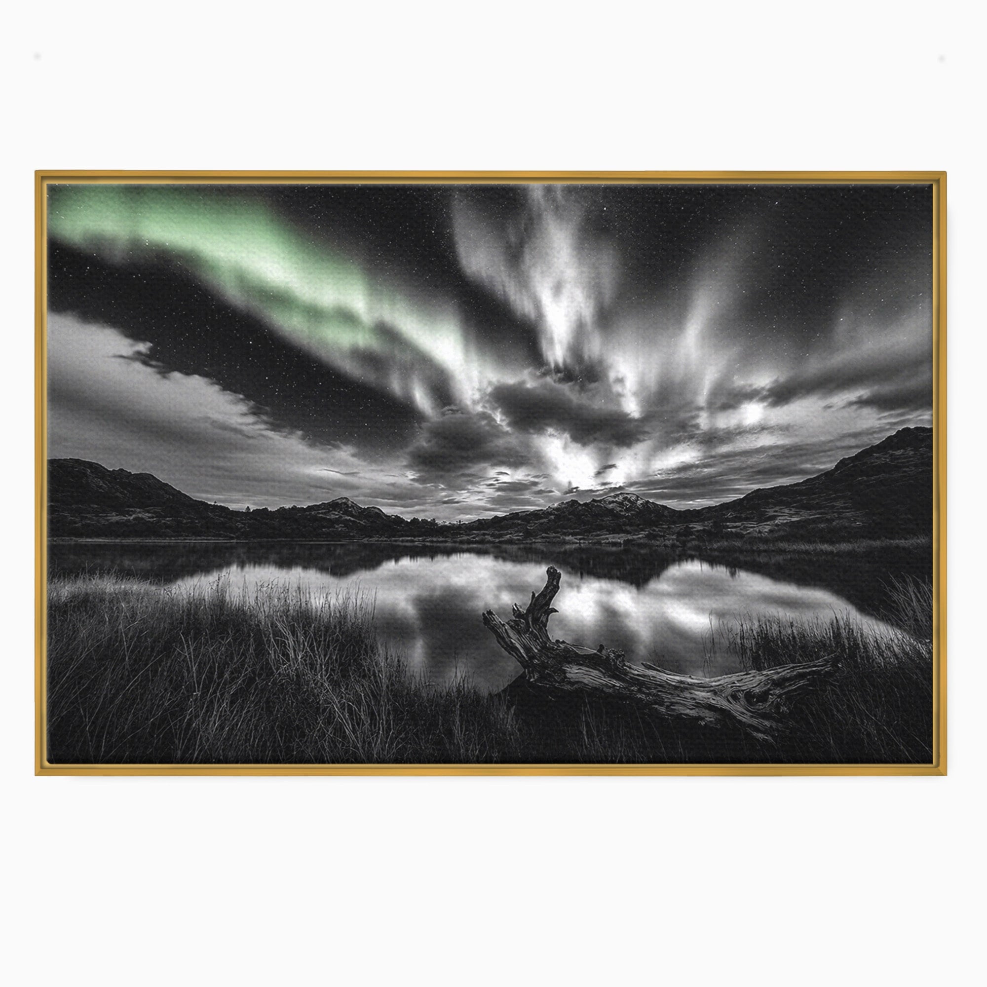 Tablou Canvas Premium LuxCanva® A1703, Aurora Boreala Monocromatica, Aurora Boreala, Peisaj, Noapte, Reflectie, Dormitor, Culori Vibrante