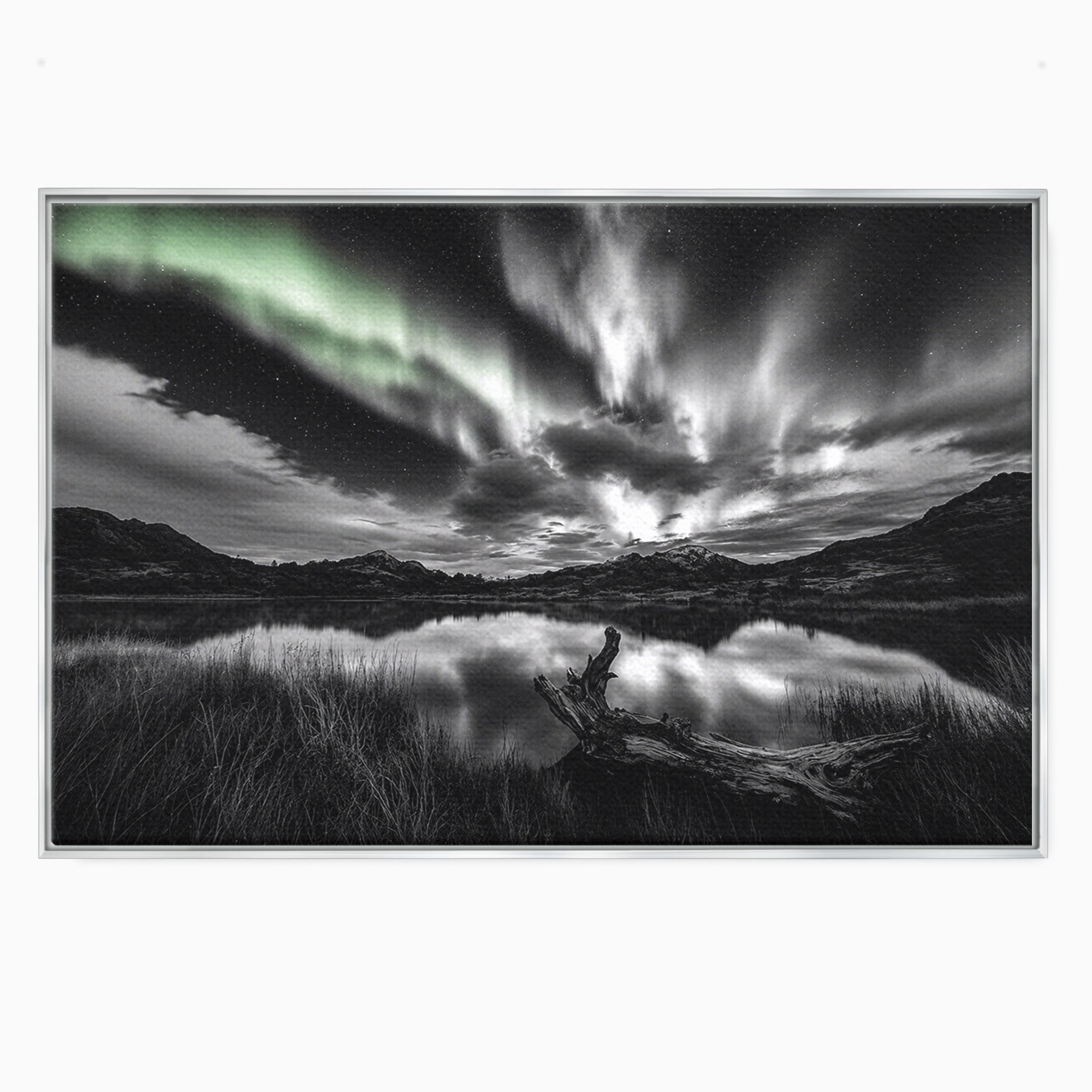 Tablou Canvas Premium LuxCanva® A1703, Aurora Boreala Monocromatica, Aurora Boreala, Peisaj, Noapte, Reflectie, Dormitor, Culori Vibrante