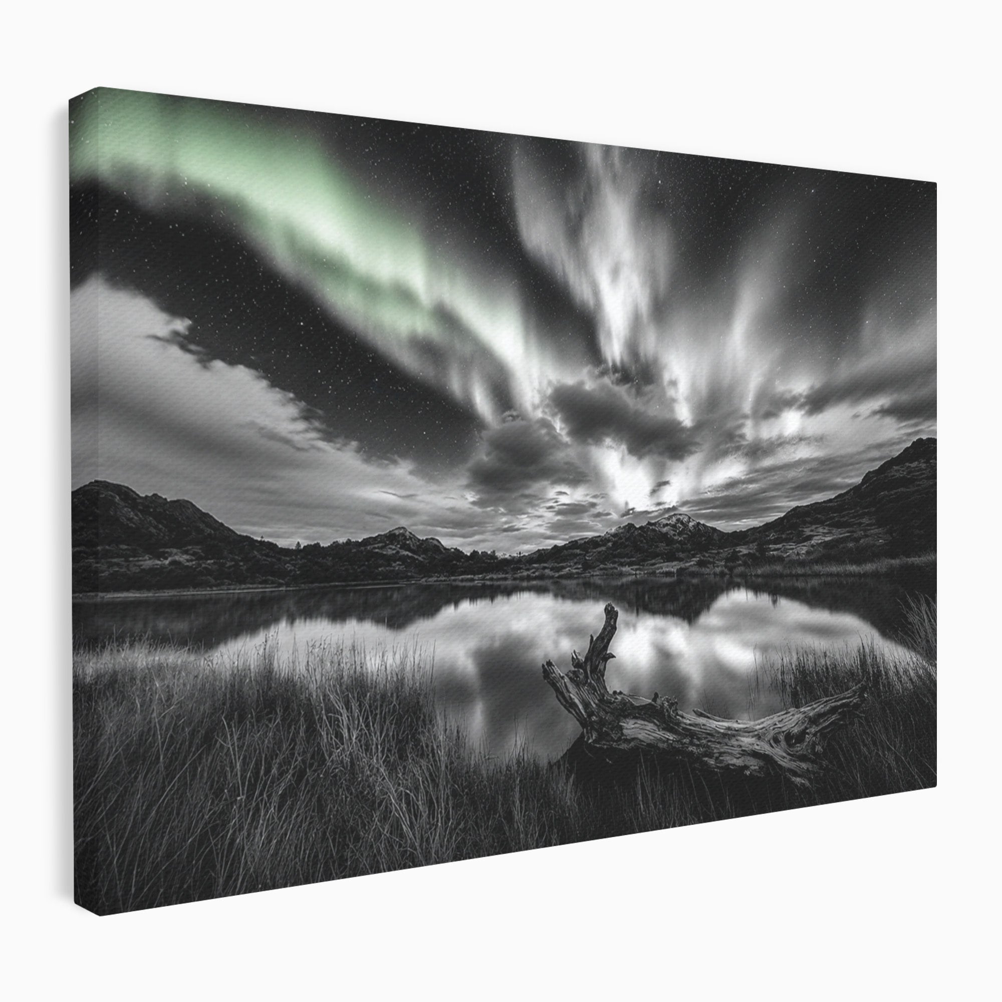 Tablou Canvas Premium LuxCanva® A1703, Aurora Boreala Monocromatica, Aurora Boreala, Peisaj, Noapte, Reflectie, Dormitor, Culori Vibrante
