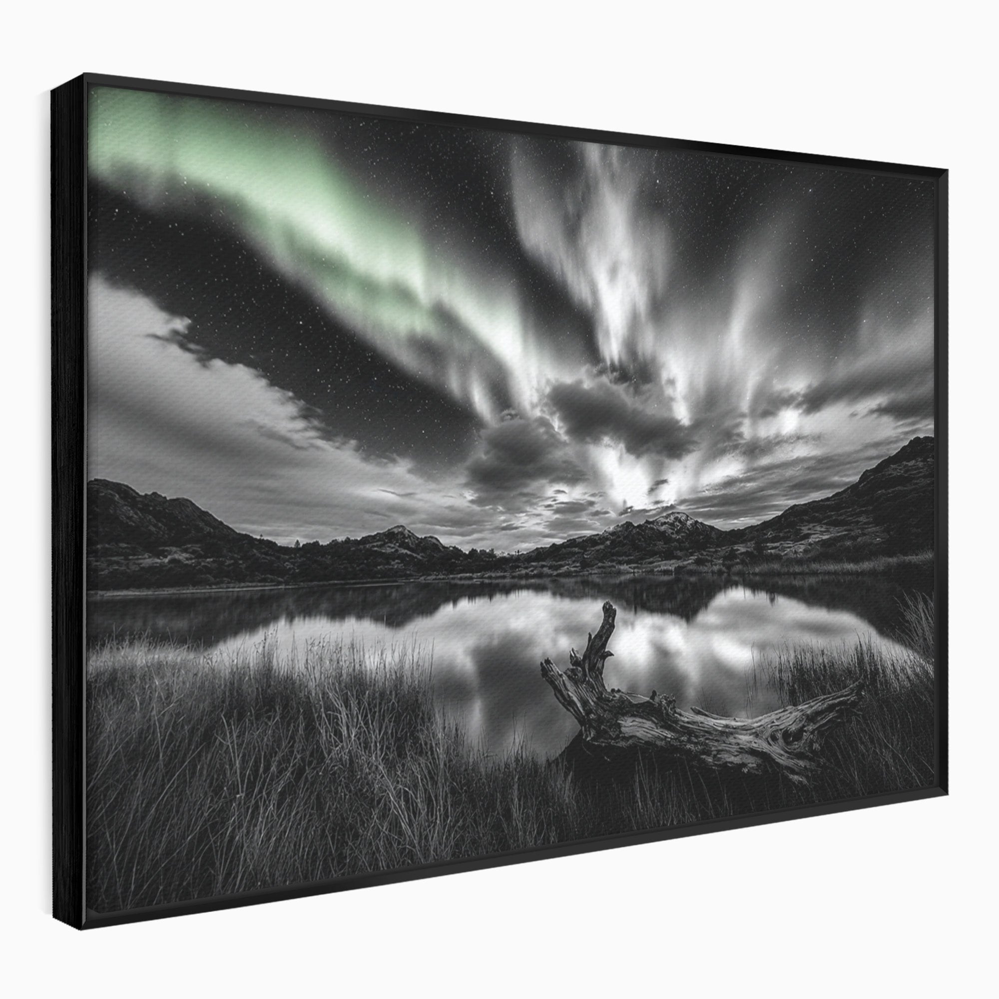 Tablou Canvas Premium LuxCanva® A1703, Aurora Boreala Monocromatica, Aurora Boreala, Peisaj, Noapte, Reflectie, Dormitor, Culori Vibrante