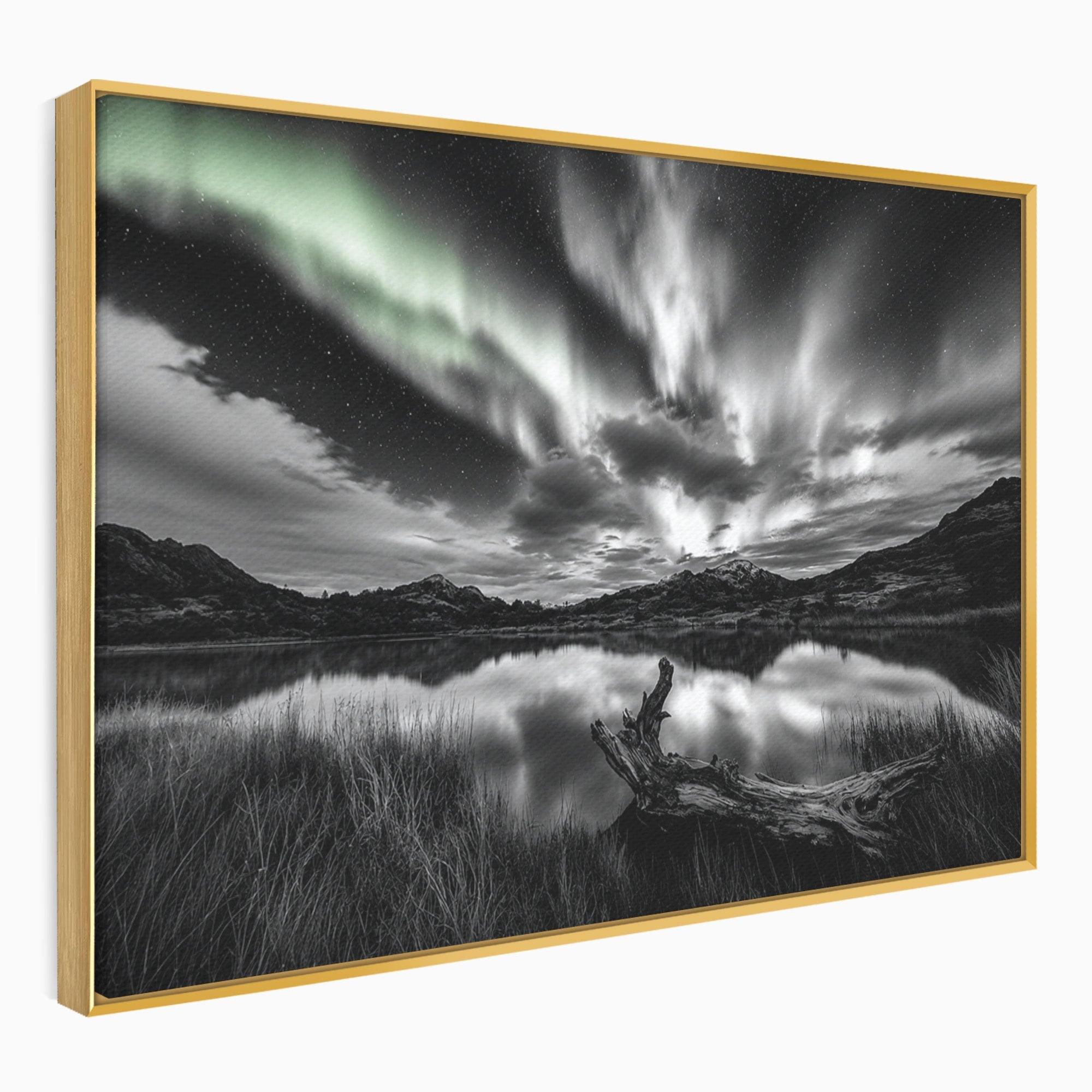 Tablou Canvas Premium LuxCanva® A1703, Aurora Boreala Monocromatica, Aurora Boreala, Peisaj, Noapte, Reflectie, Dormitor, Culori Vibrante