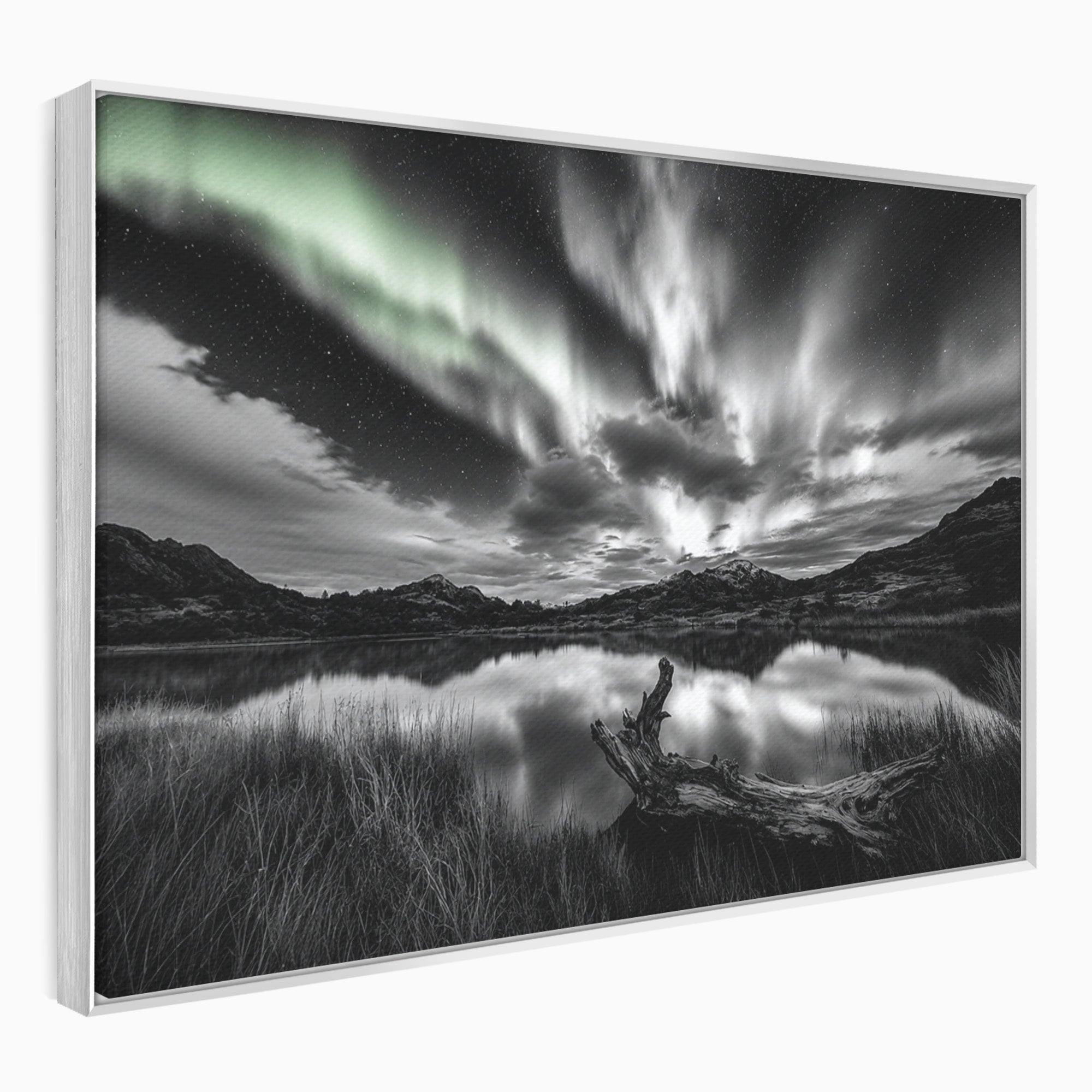 Tablou Canvas Premium LuxCanva® A1703, Aurora Boreala Monocromatica, Aurora Boreala, Peisaj, Noapte, Reflectie, Dormitor, Culori Vibrante