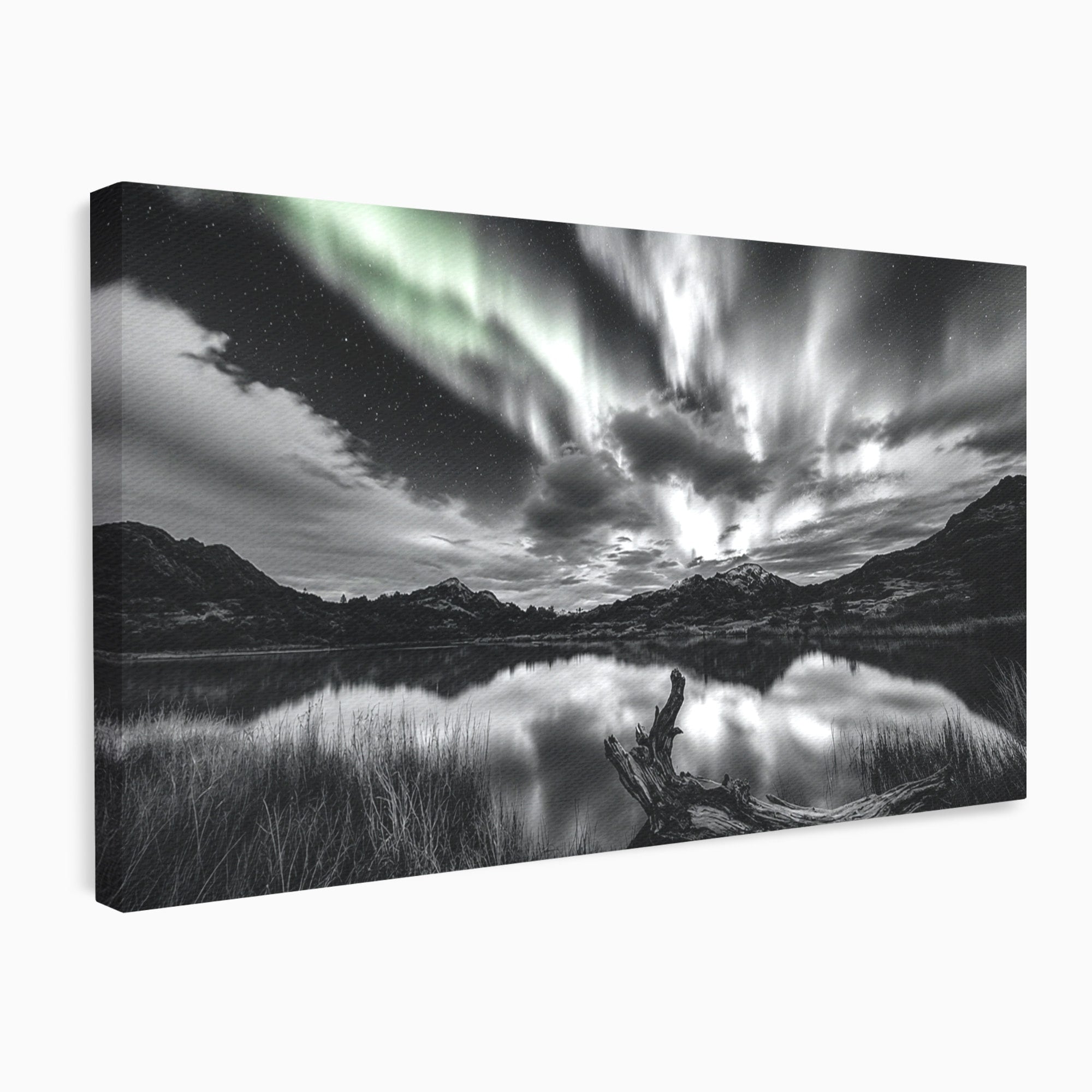 Tablou Canvas Premium LuxCanva® A1703, Aurora Boreala Monocromatica, Aurora Boreala, Peisaj, Noapte, Reflectie, Dormitor, Culori Vibrante