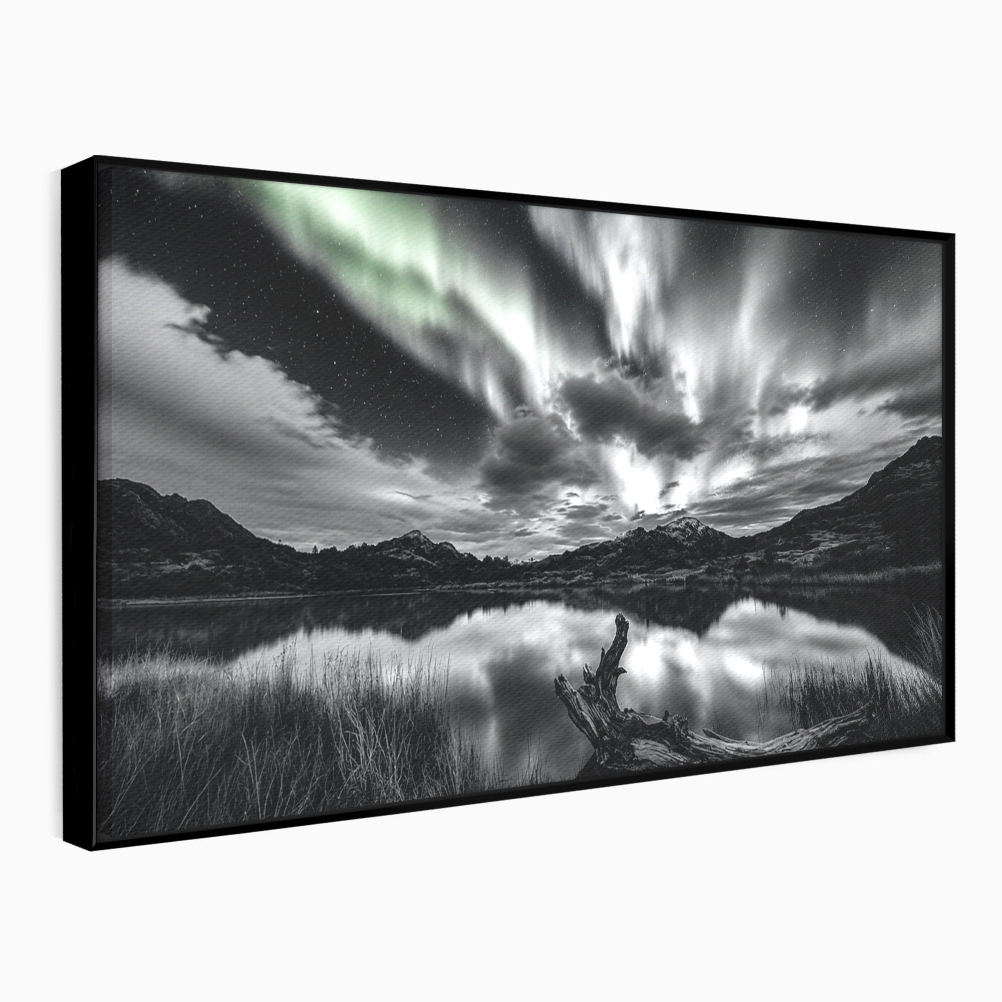 Tablou Canvas Premium LuxCanva® A1703, Aurora Boreala Monocromatica, Aurora Boreala, Peisaj, Noapte, Reflectie, Dormitor, Culori Vibrante
