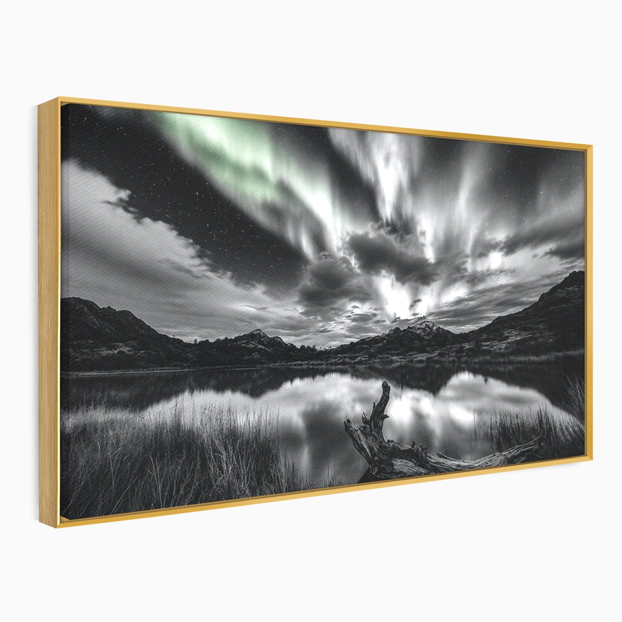 Tablou Canvas Premium LuxCanva® A1703, Aurora Boreala Monocromatica, Aurora Boreala, Peisaj, Noapte, Reflectie, Dormitor, Culori Vibrante